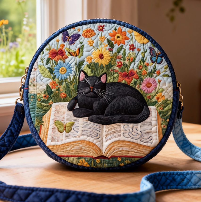 Black Cat on Open Book Floral & Butterfly Quilted Circle Crossbody Bag
