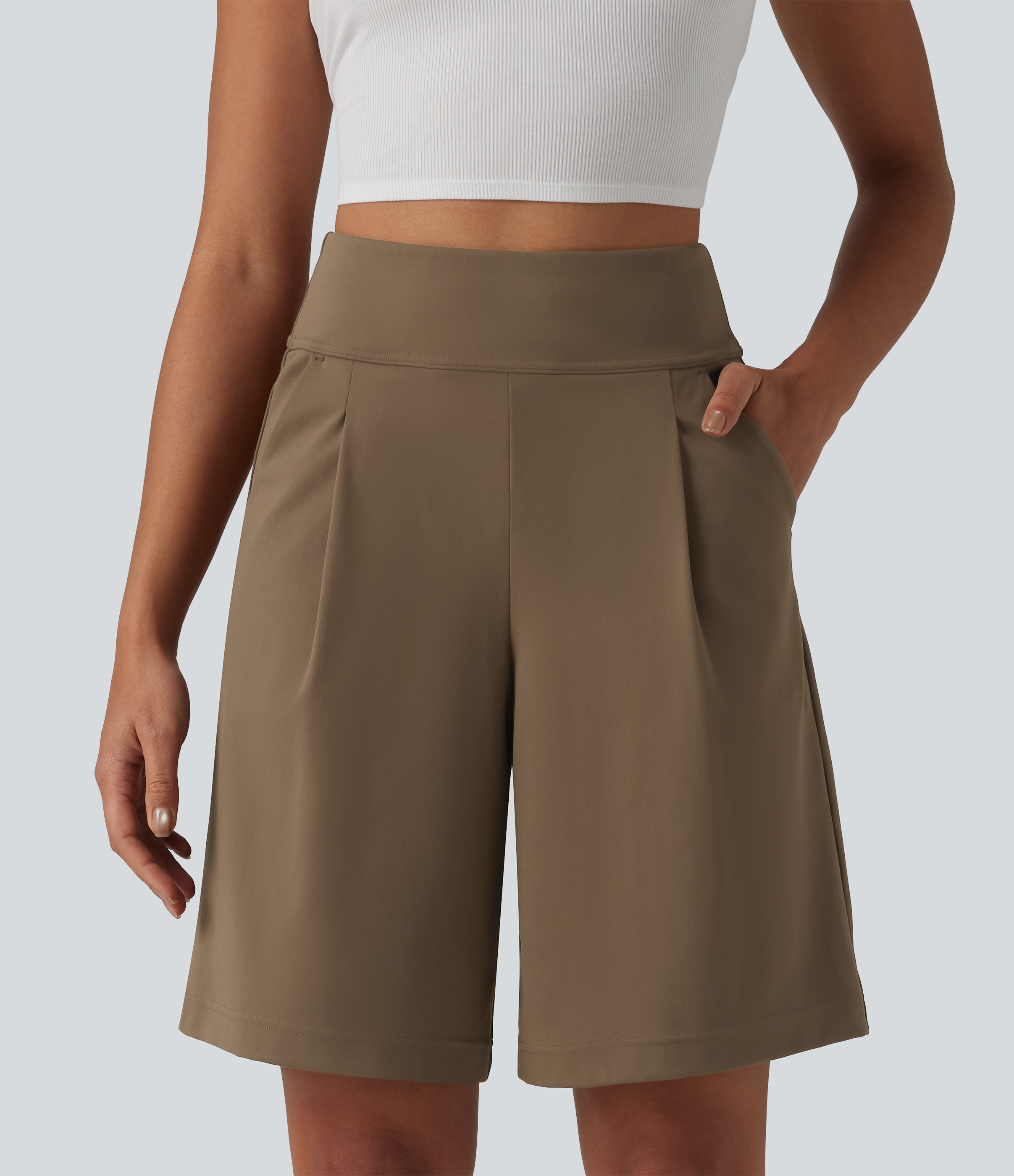DayStretch High Waisted Pleated Work Bermuda Shorts 10'' with Pockets