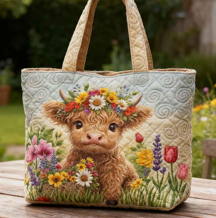 Highland Cow Sunflower Plaid Quilted Tote Bag