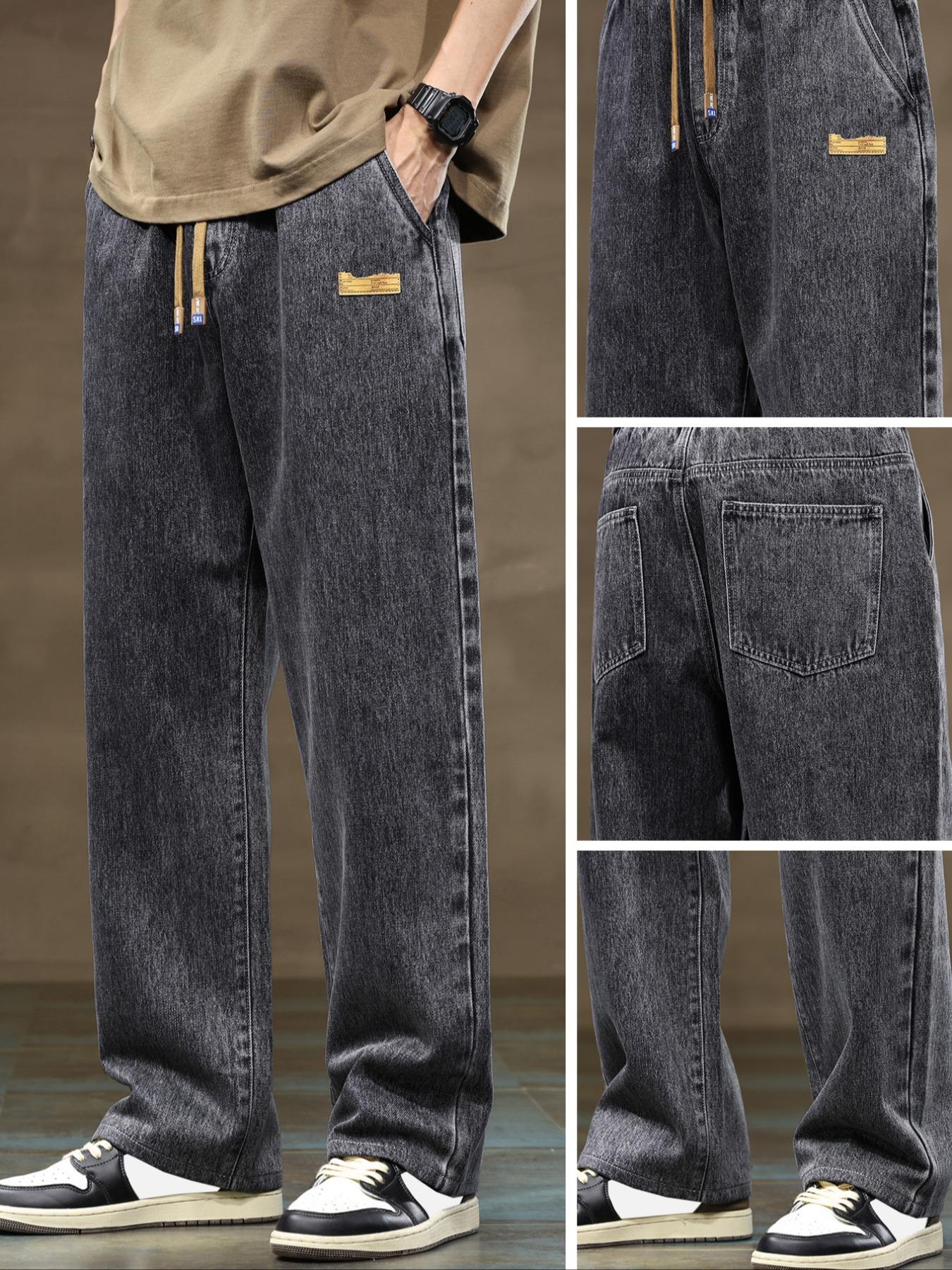 Men's drawstring waist straight-cut jeans, solid-colored Classic casual versatile non-stretch denim trousers, well-fitted straight-cut style, suitable for year-round wear, slightly smaller sizing recommended to order one size up