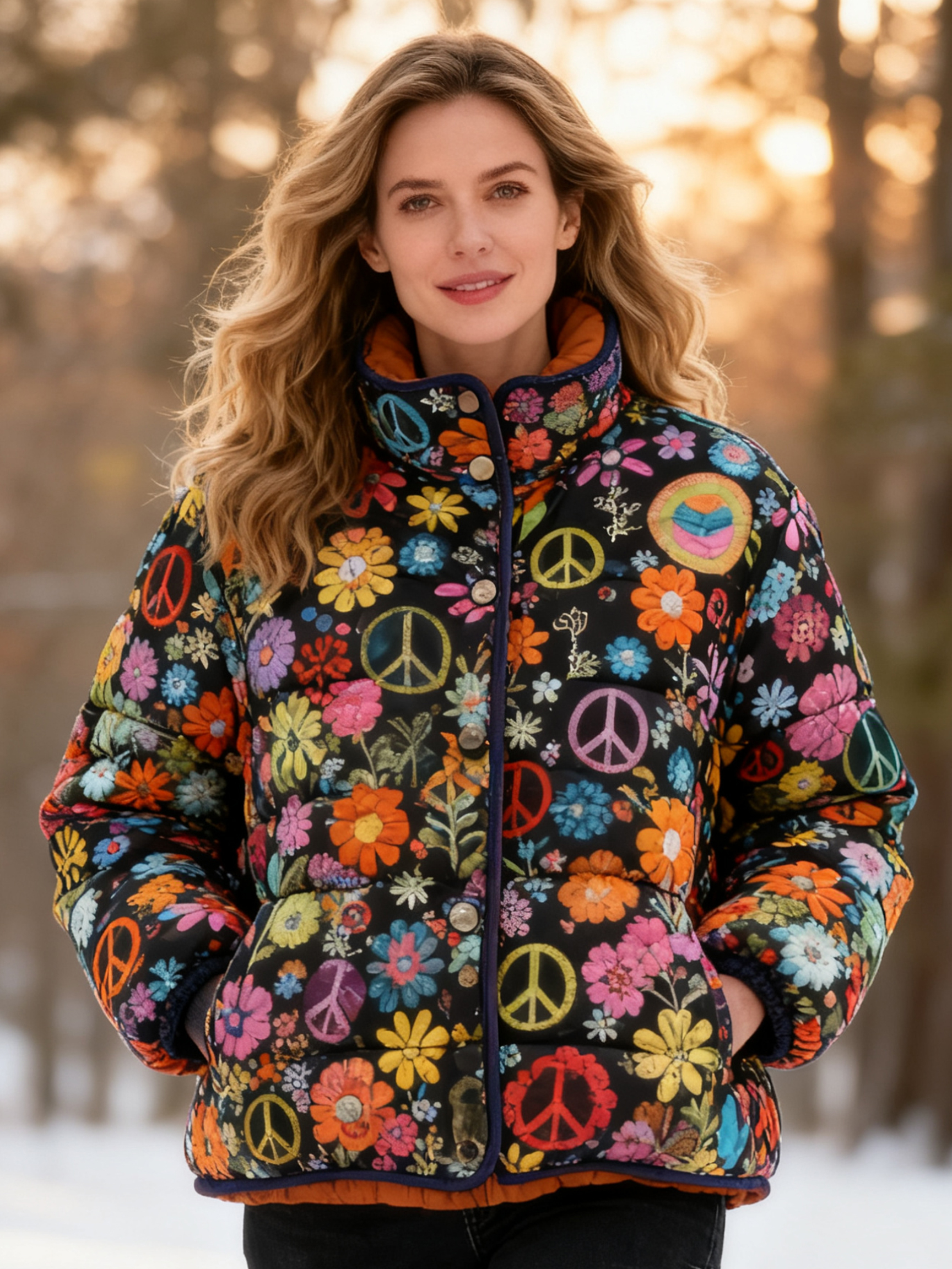 Peace Sign Colorful Floral Quilted Puffer Jacket Casual Coat 