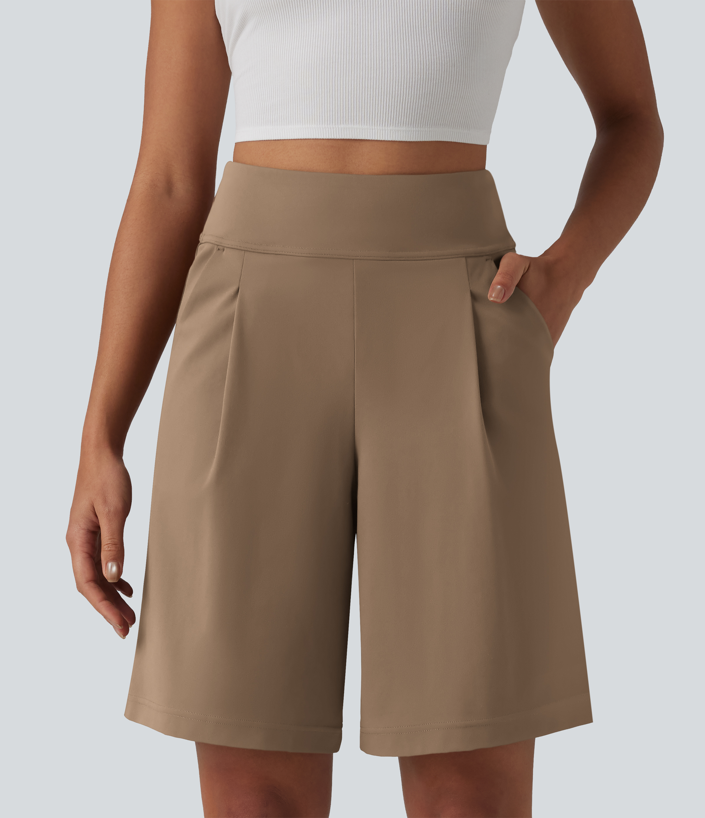 DayStretch High Waisted Pleated Work Bermuda Shorts 10'' with Pockets