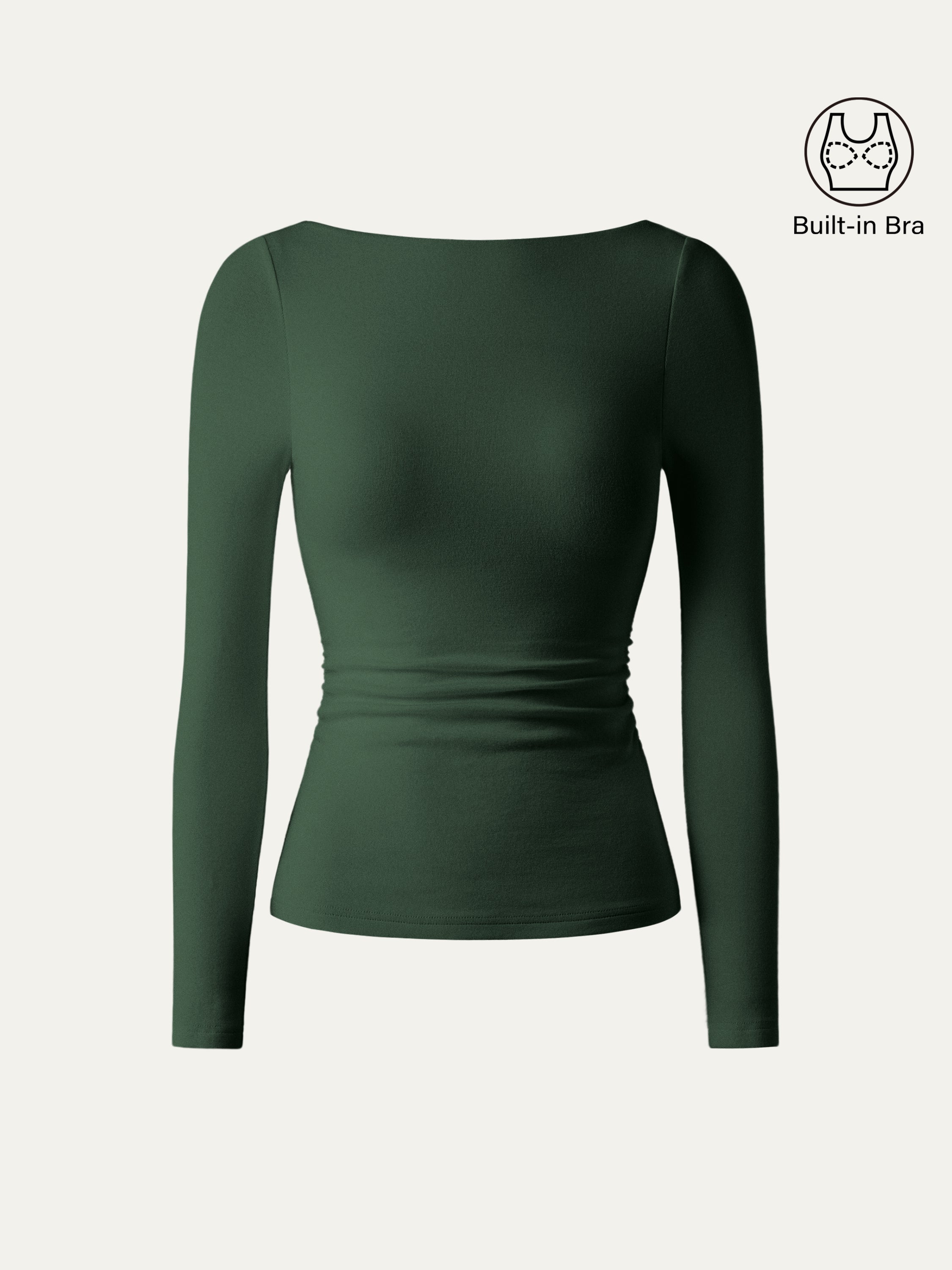 LiteWarm Boatneck Long Sleeve Open-Back Ruched Built-In Bra Top