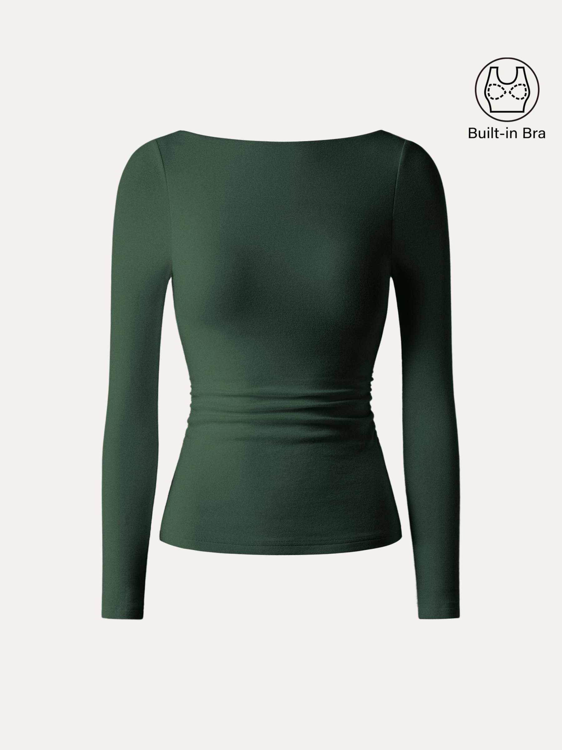 LiteWarm Boatneck Long Sleeve Open-Back Ruched Built-In Bra Top