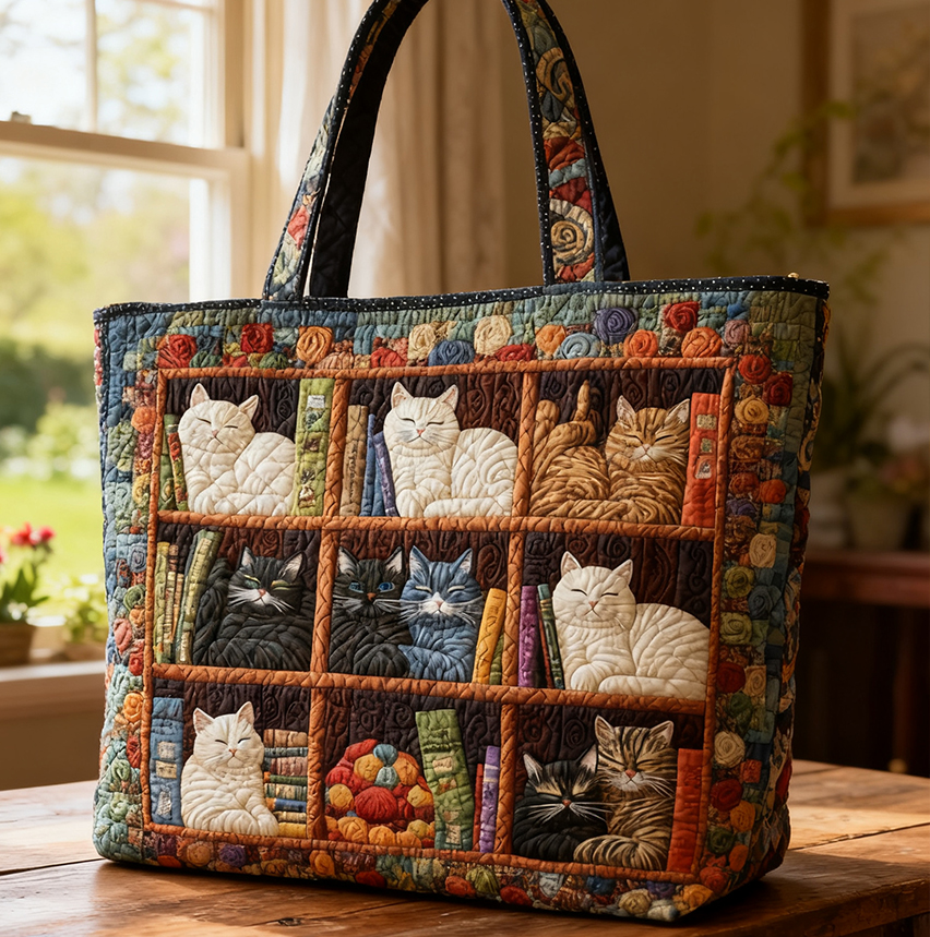 Bookshelf Cat Quilted Tote Bag