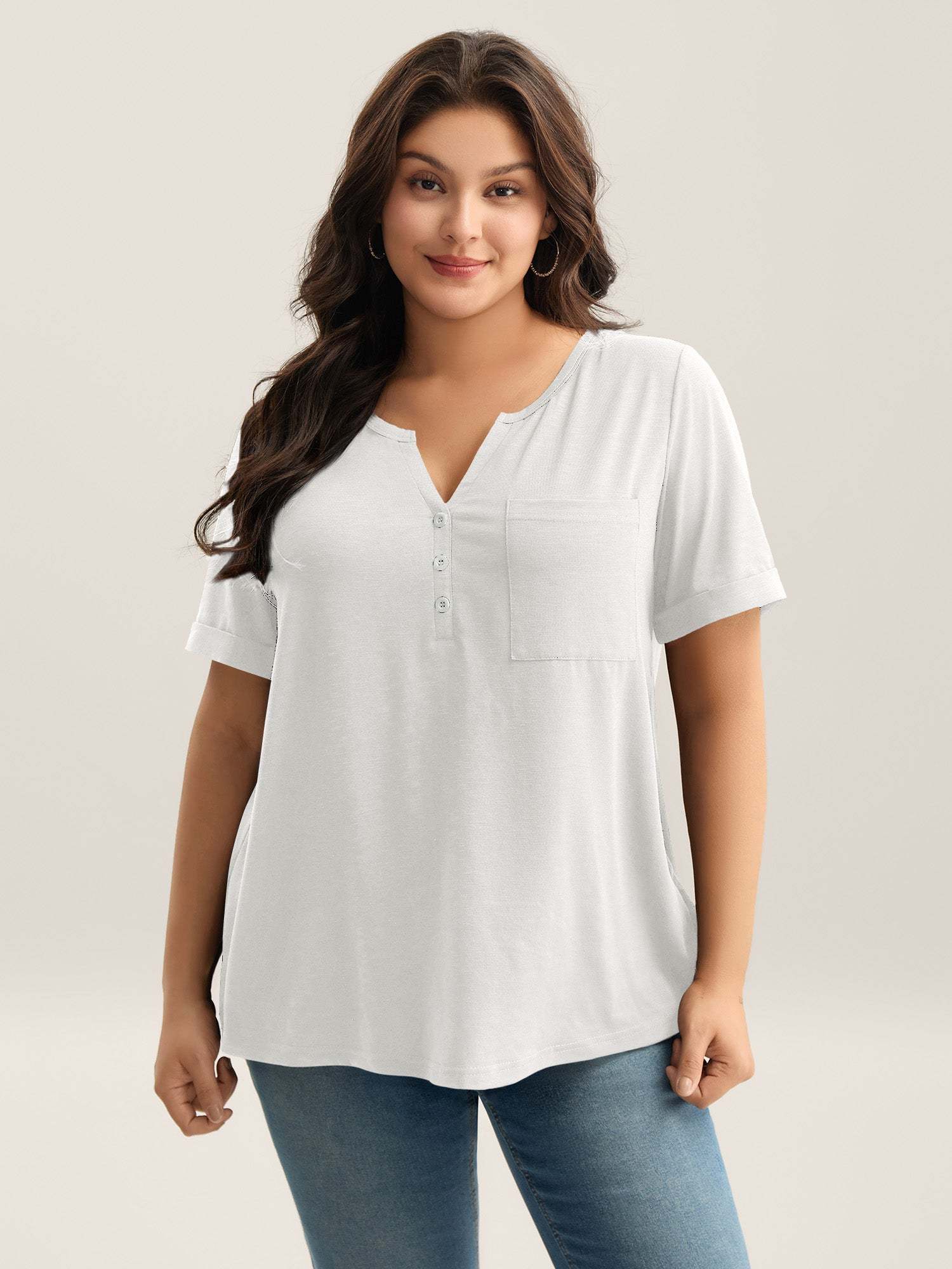 Solid Split Neck Button Detail T-Shirt