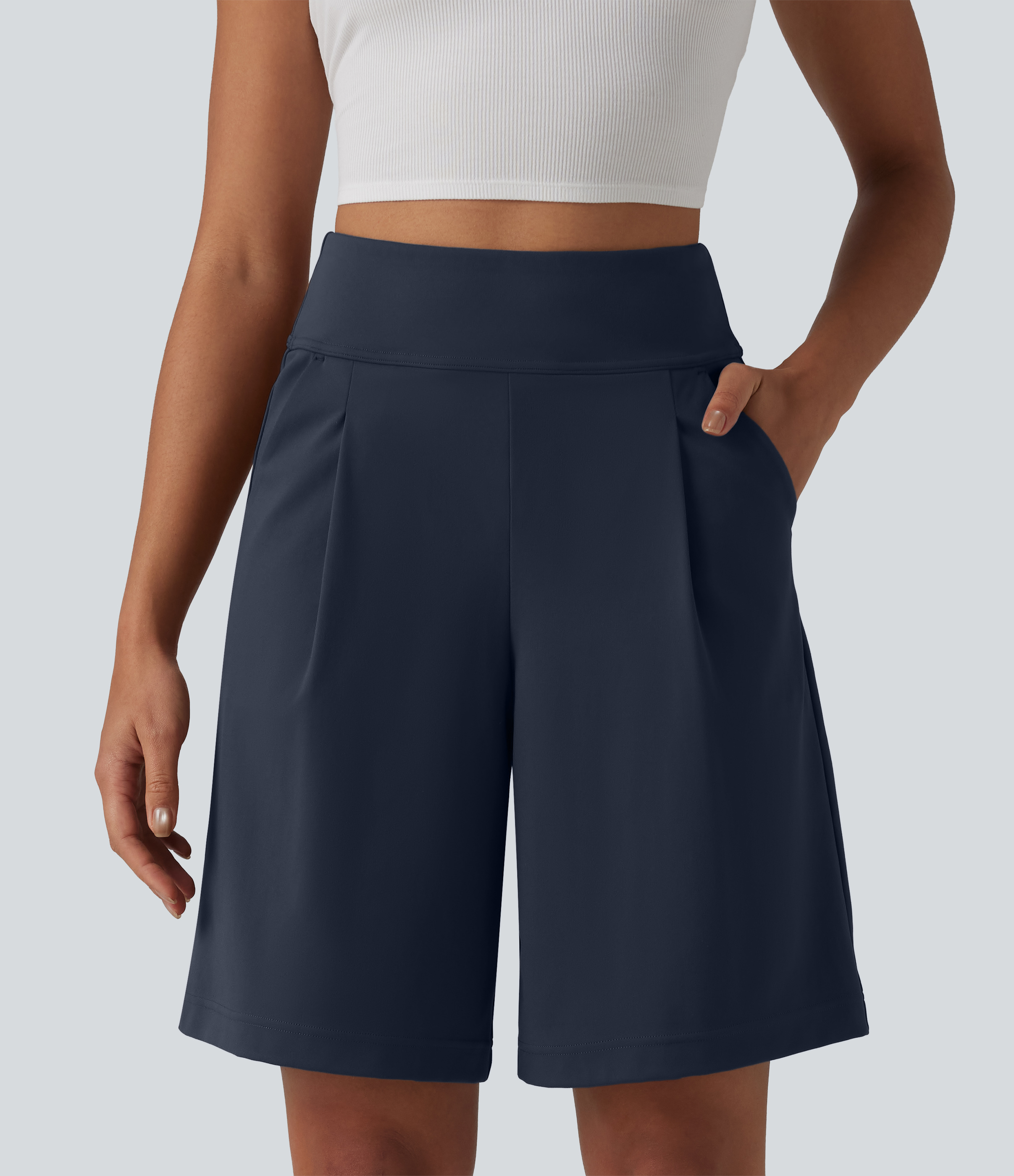 DayStretch High Waisted Pleated Work Bermuda Shorts 10'' with Pockets
