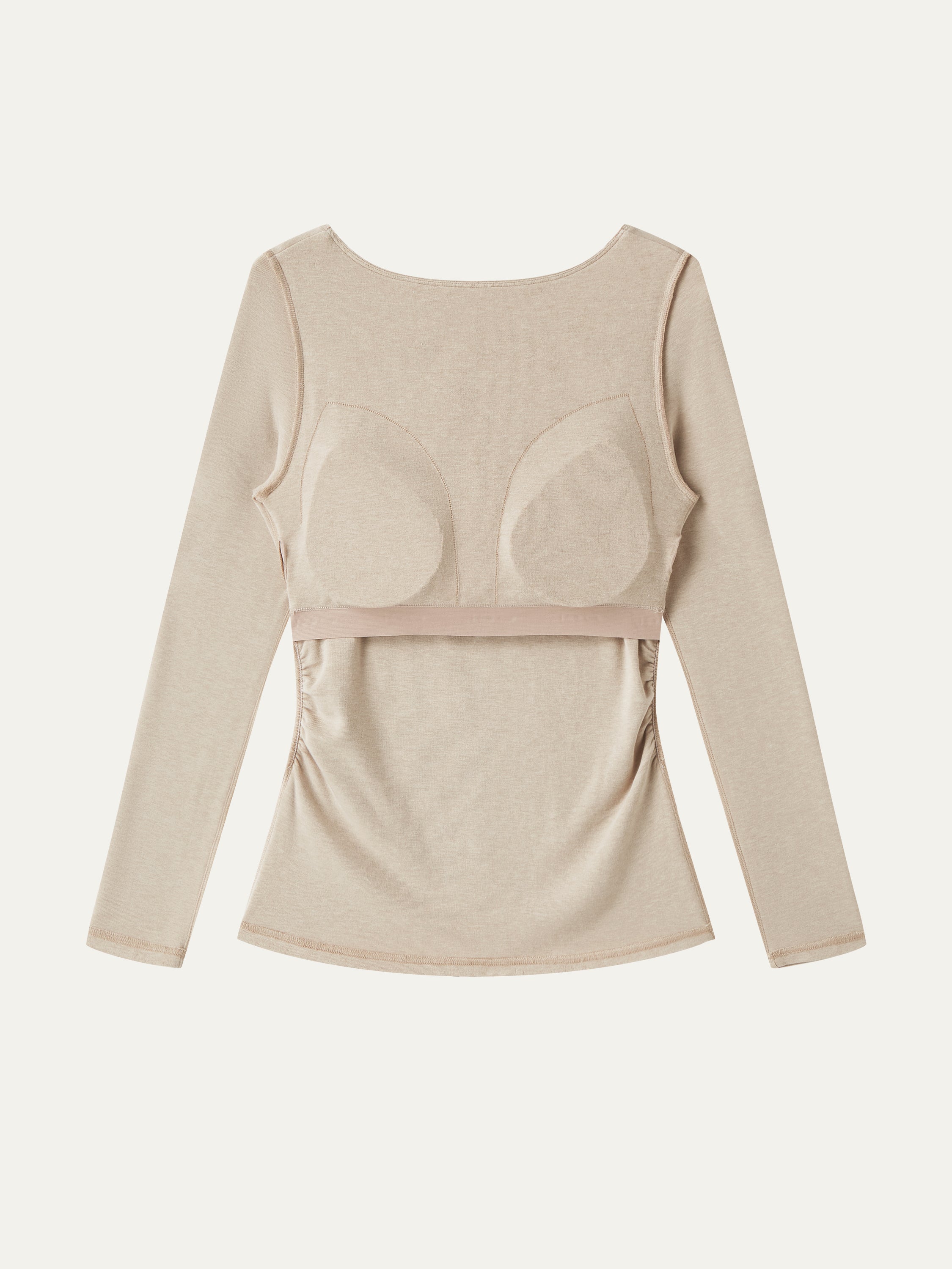 LiteWarm Boatneck Long Sleeve Open-Back Ruched Built-In Bra Top