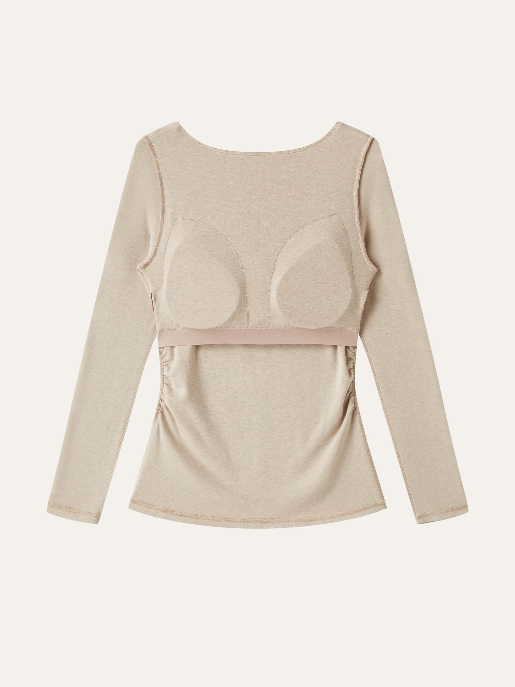 LiteWarm Boatneck Long Sleeve Open-Back Ruched Built-In Bra Top