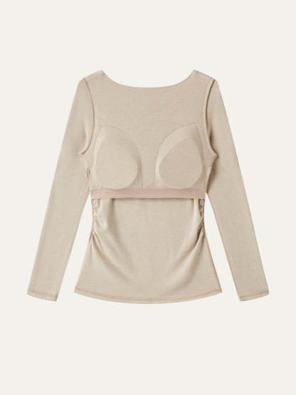 LiteWarm Boatneck Long Sleeve Open-Back Ruched Built-In Bra Top