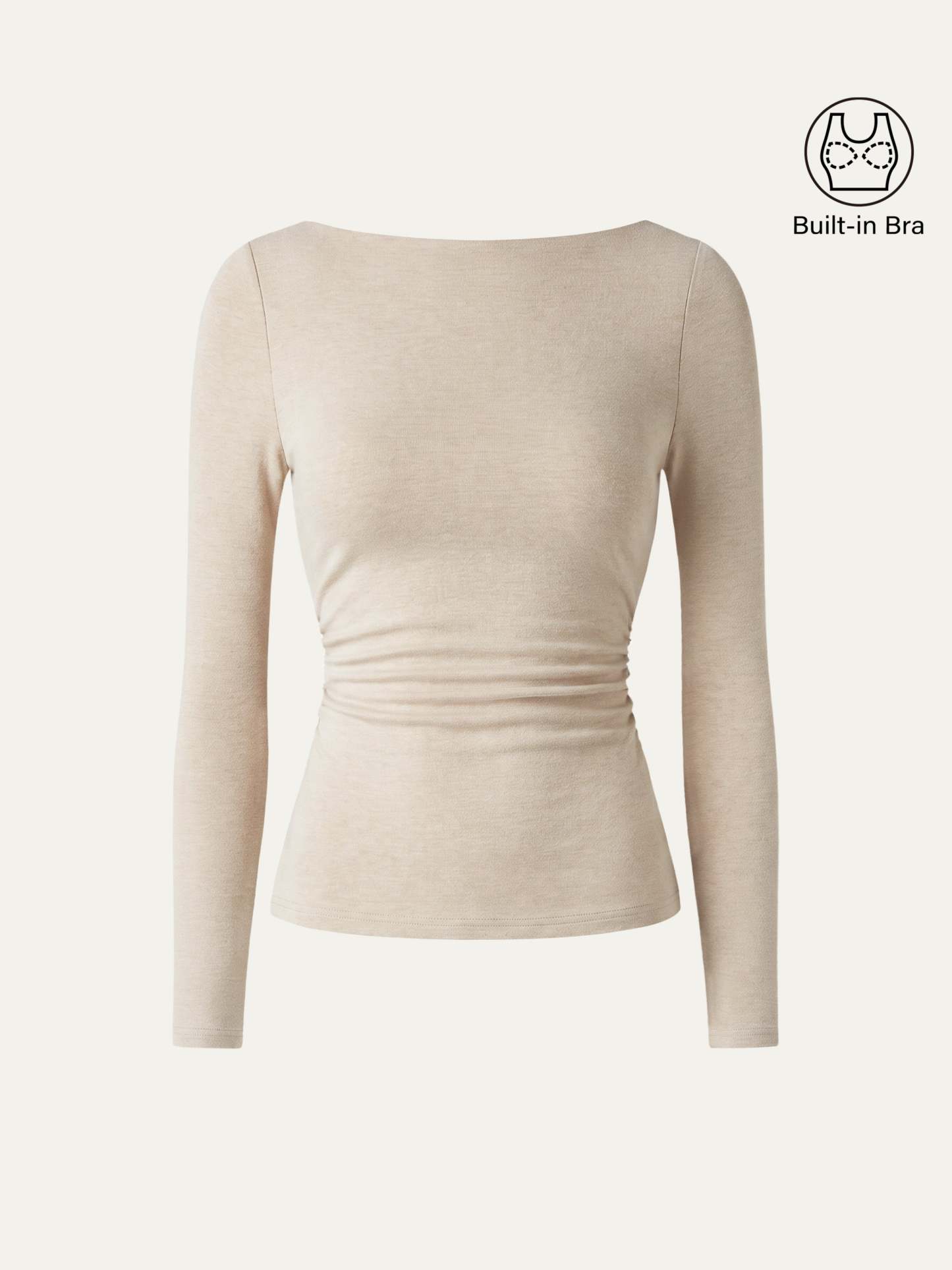 LiteWarm Boatneck Long Sleeve Open-Back Ruched Built-In Bra Top