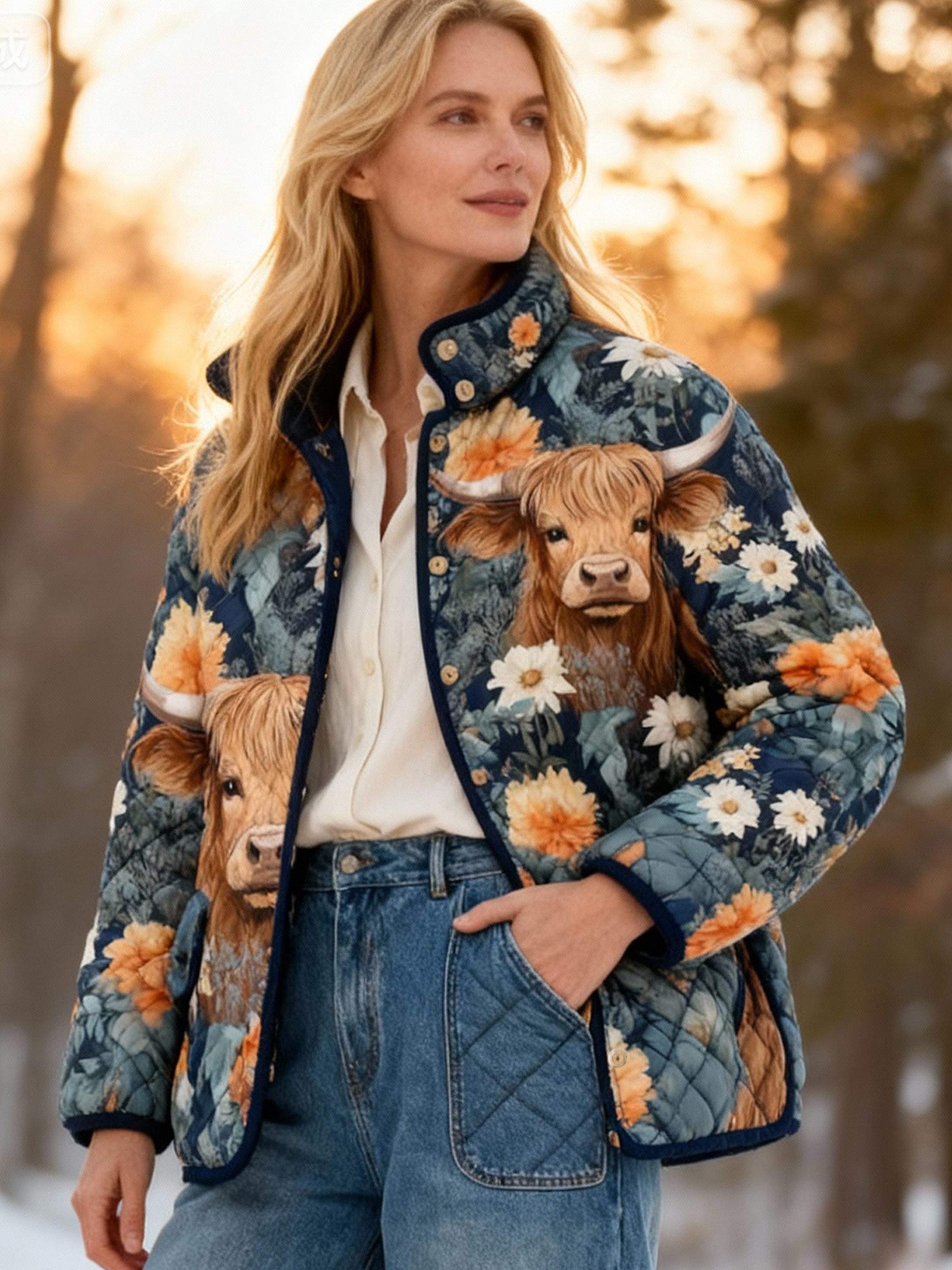Vintage Highland Cow & Floral Print Cozy Quilted Puffer Jacket Stand-Collar Casual Coat 