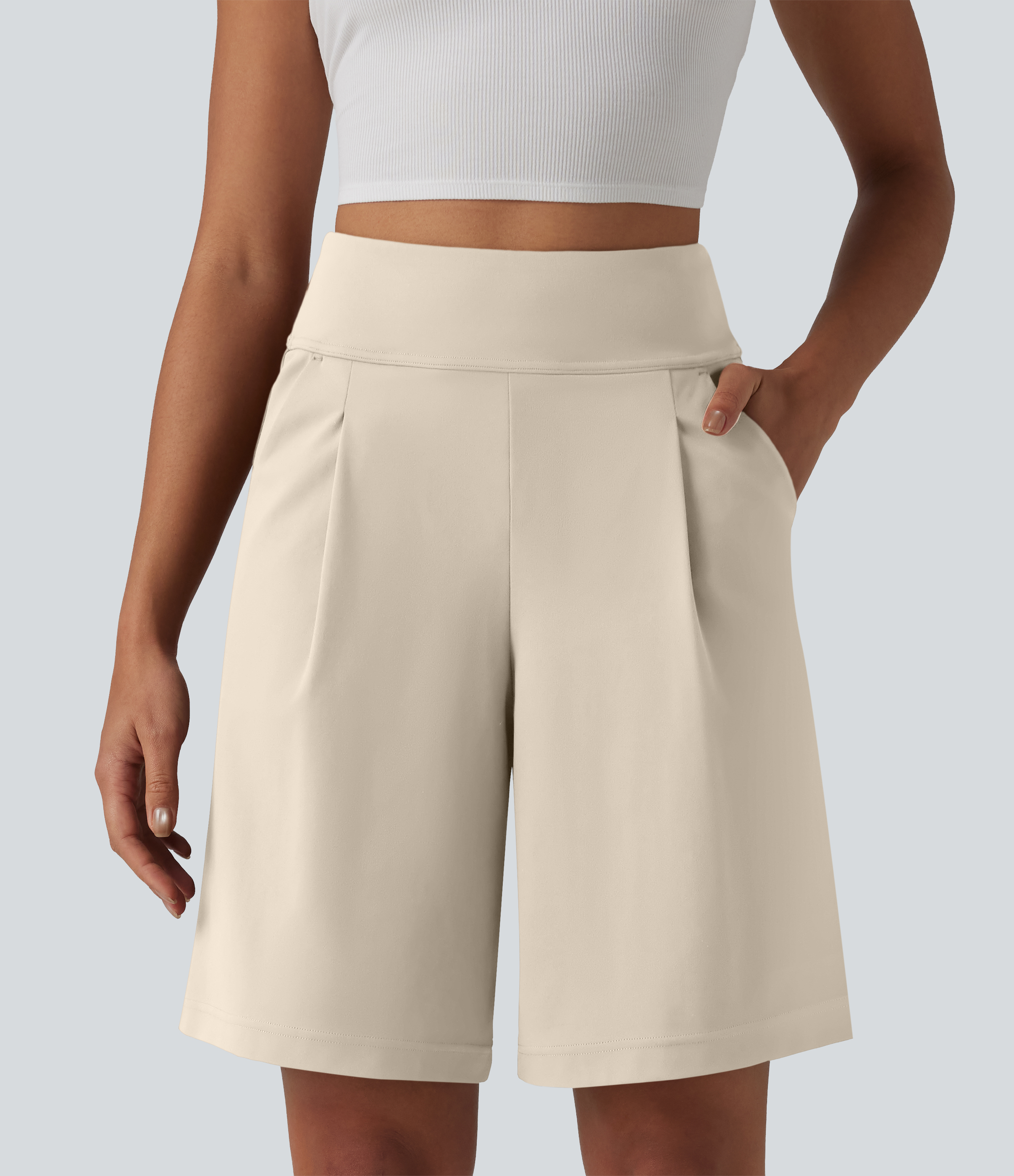 DayStretch High Waisted Pleated Work Bermuda Shorts 10'' with Pockets