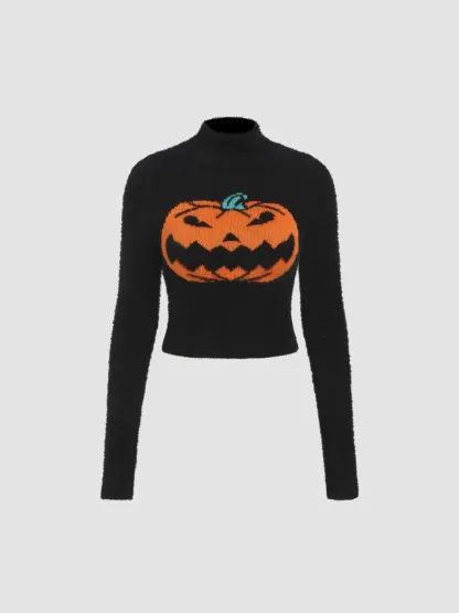 Lantern Pattern Knitted Long Sleeve Crop Top