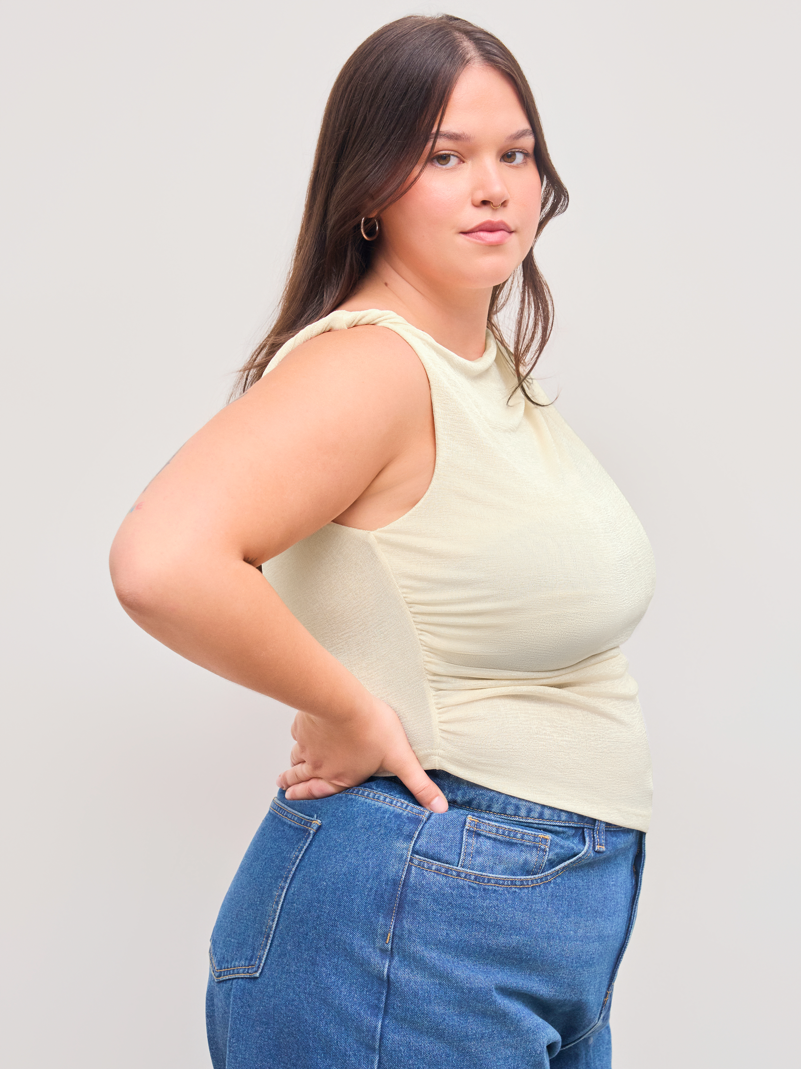 Asymmetrical Neck Ruched Tank Top Curve & Plus