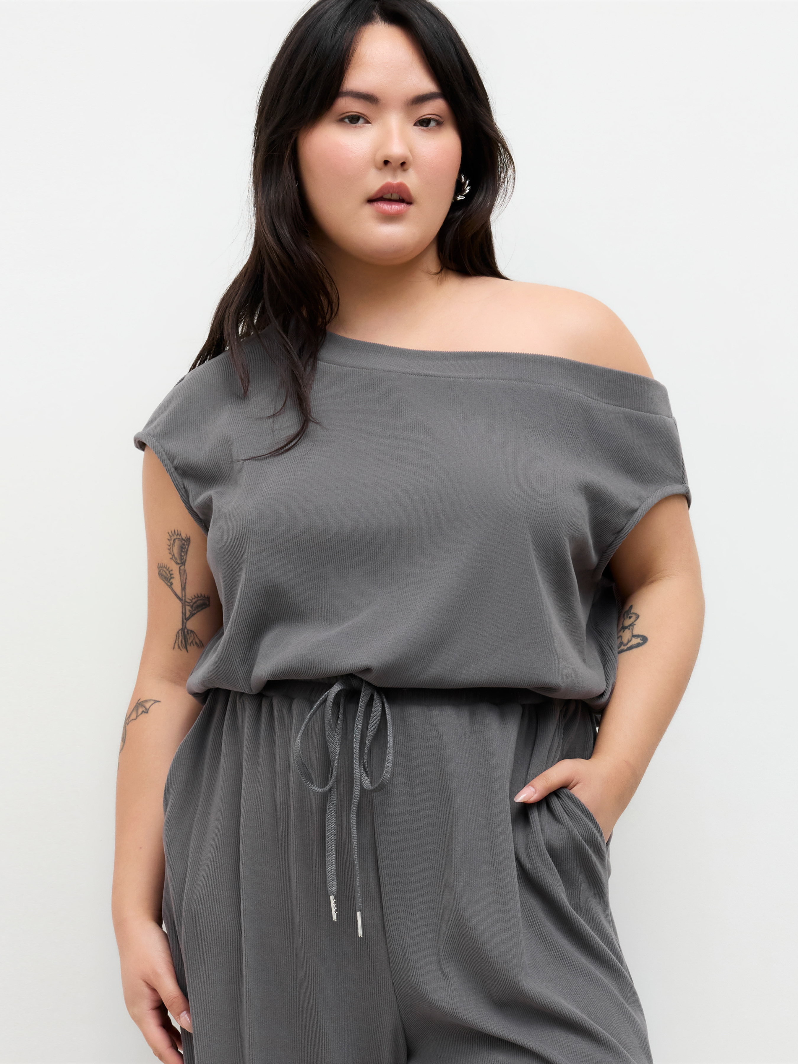 Asymmetrical Neck Drawstring Jumpsuit Curve & Plus