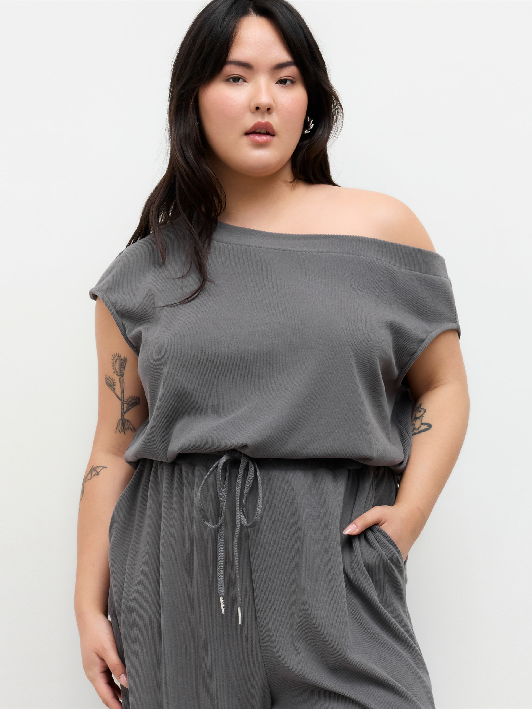 Asymmetrical Neck Drawstring Jumpsuit Curve & Plus