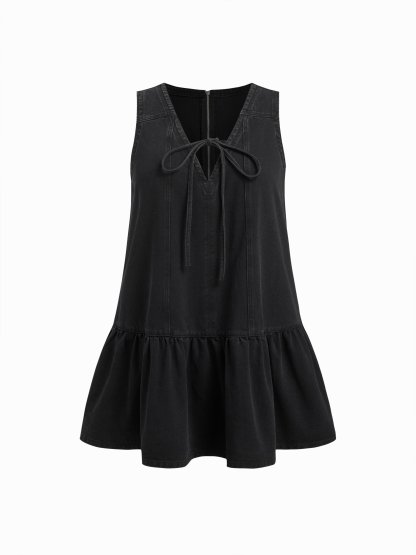 Denim V-neck Knotted A-line Mini Dress Curve & Plus