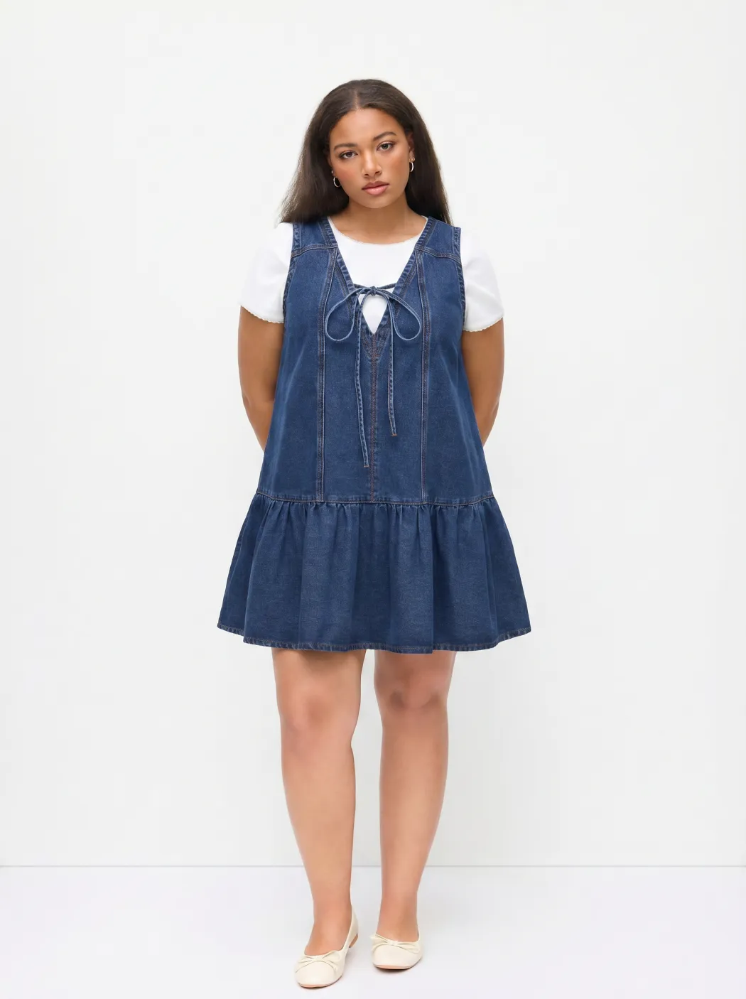 Denim V-neck Knotted A-line Mini Dress Curve & Plus
