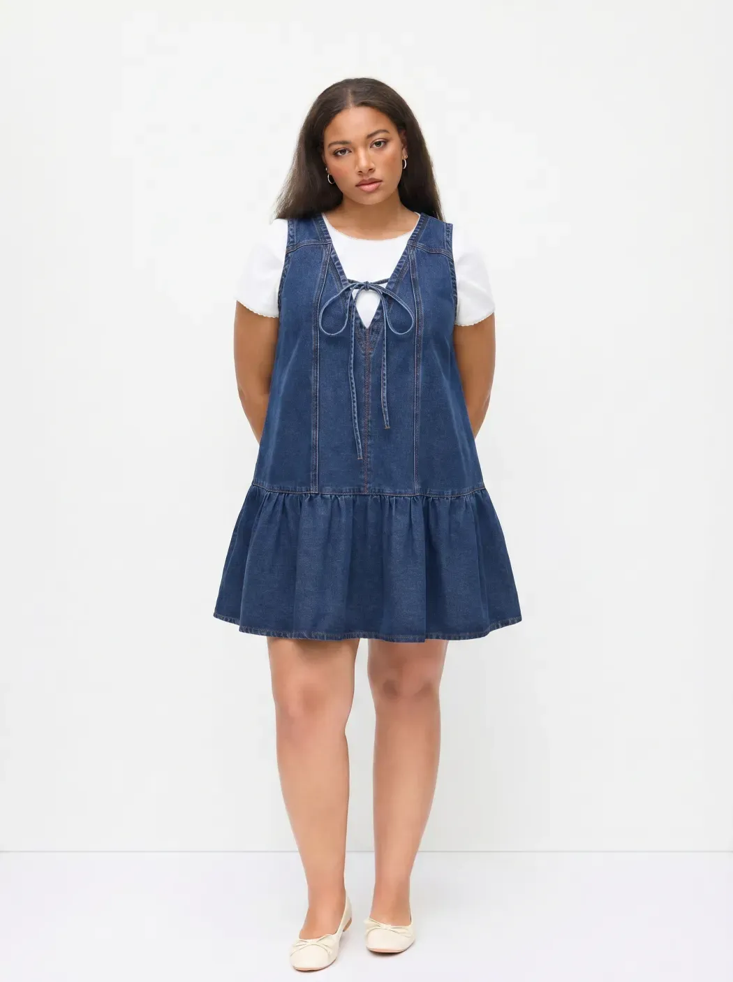 Denim V-neck Knotted A-line Mini Dress Curve & Plus