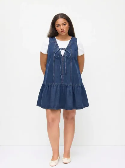 Denim V-neck Knotted A-line Mini Dress Curve & Plus