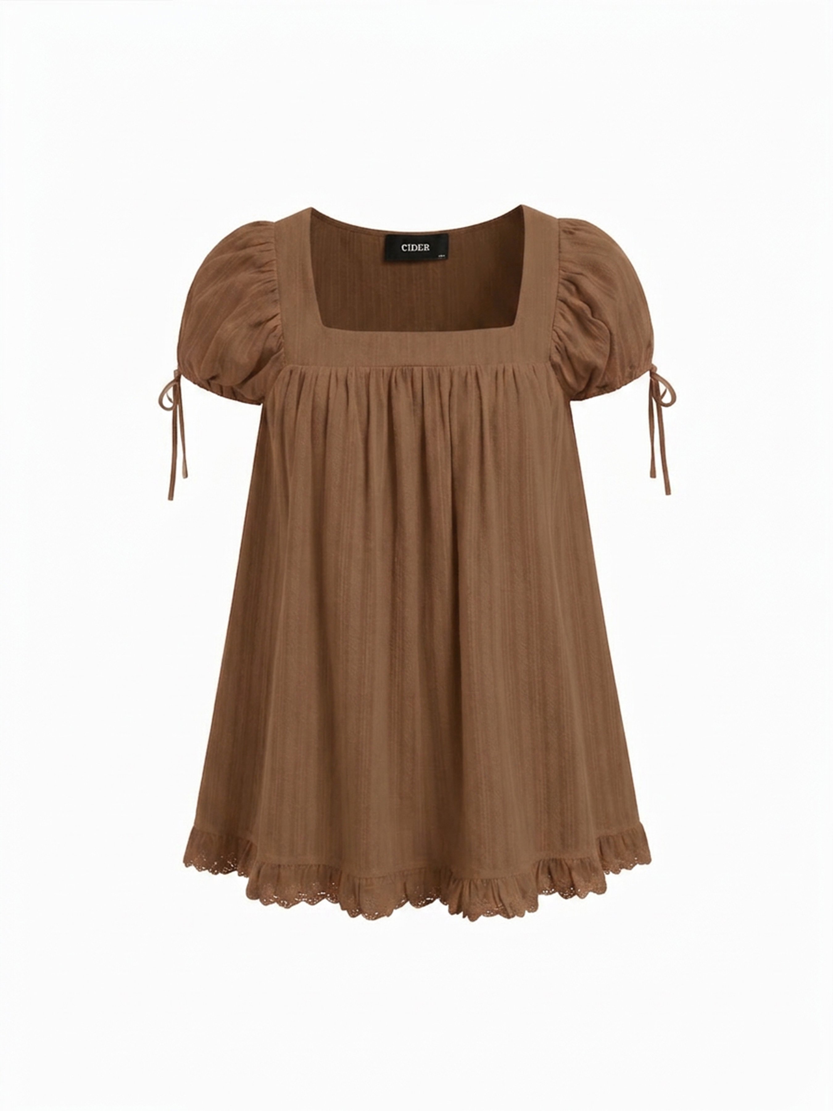 Cotton-blend Square Neck Ruffle Knotted Oversized Blouse Curve & Plus