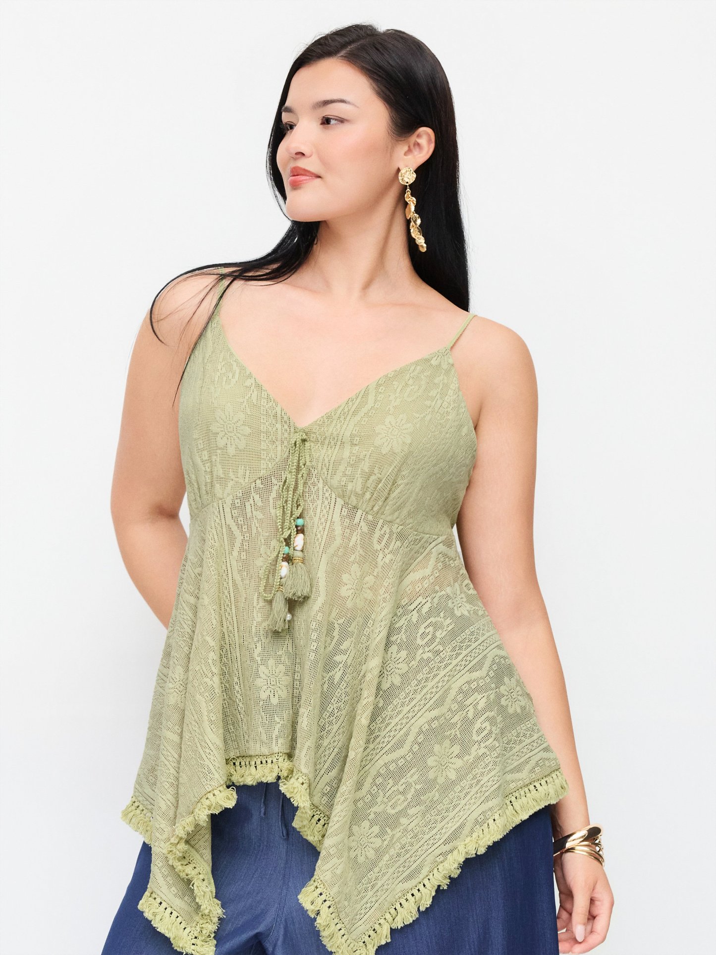 Jacquard Sweetheart Tie-front Hanky Hem Cami Top Curve & Plus
