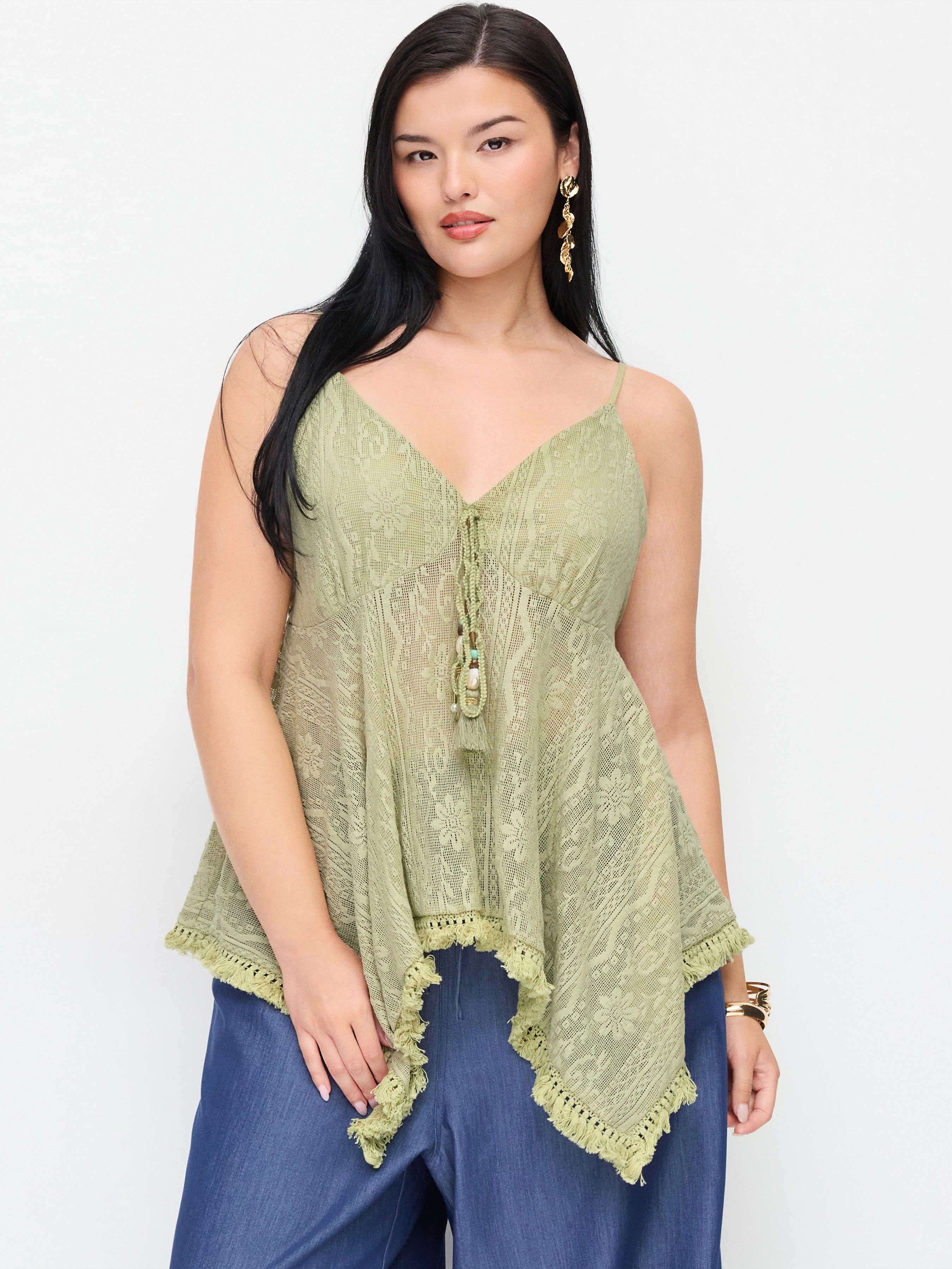 Jacquard Sweetheart Tie-front Hanky Hem Cami Top Curve & Plus
