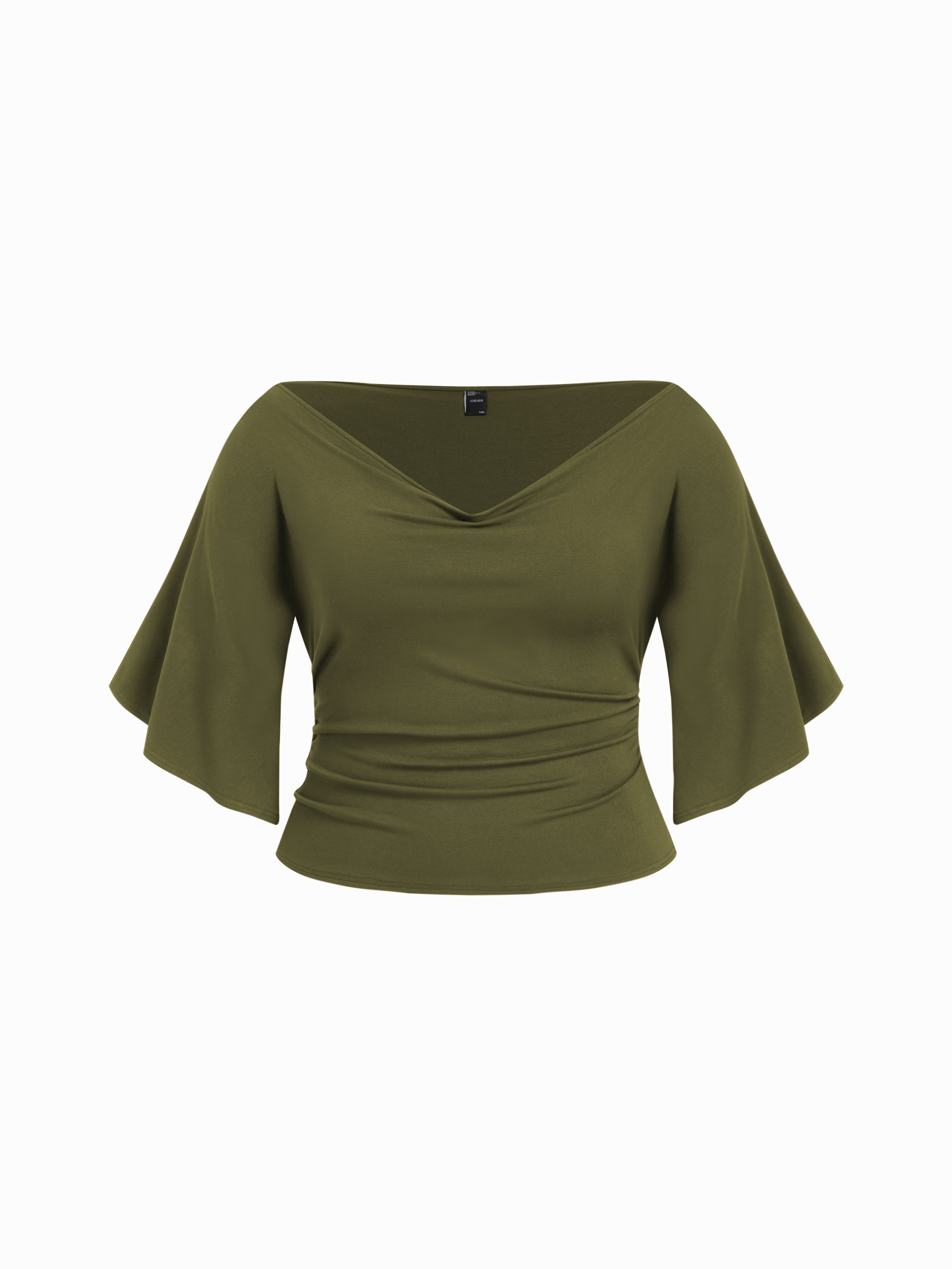 Boat Neck Mid-length Bell Sleeve Ruched Tee Curve & Plus