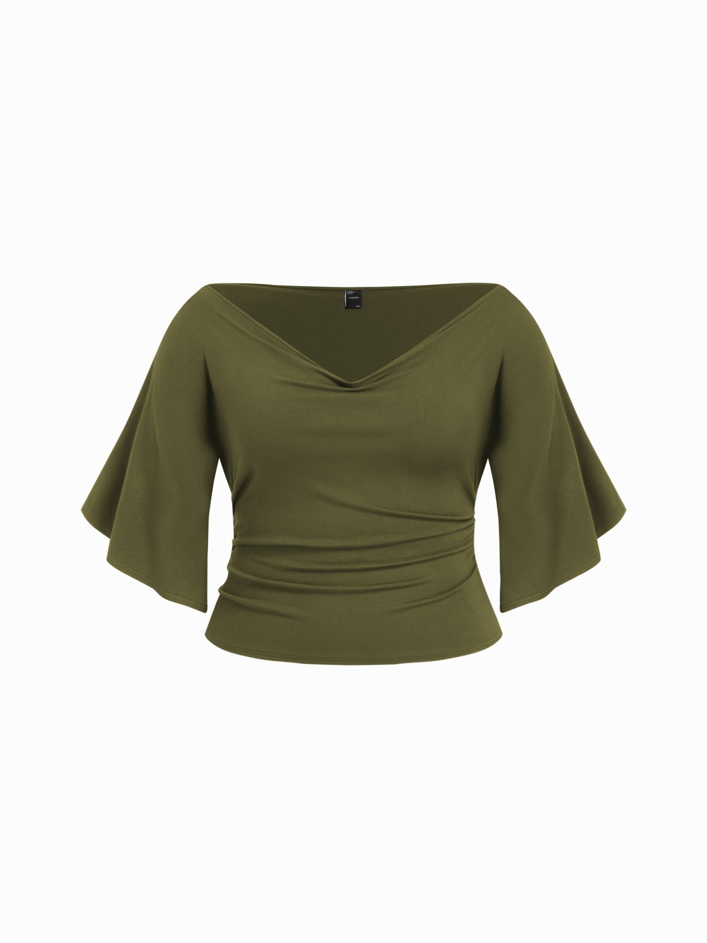 Boat Neck Mid-length Bell Sleeve Ruched Tee Curve & Plus