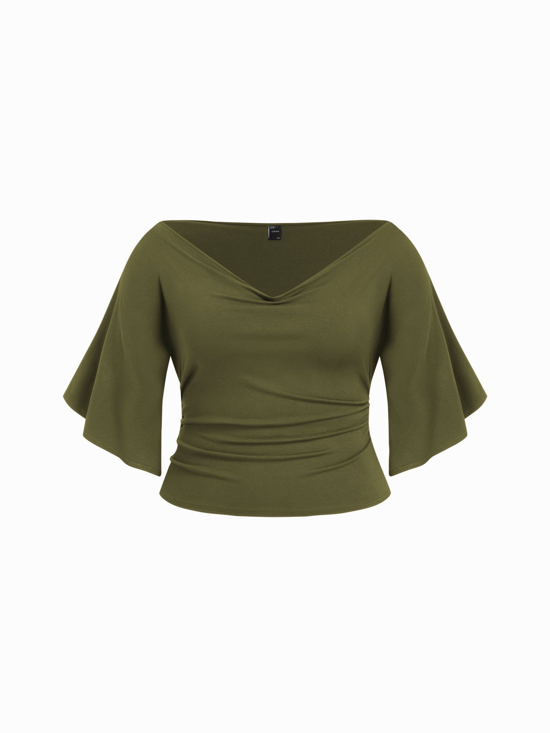 Boat Neck Mid-length Bell Sleeve Ruched Tee Curve & Plus
