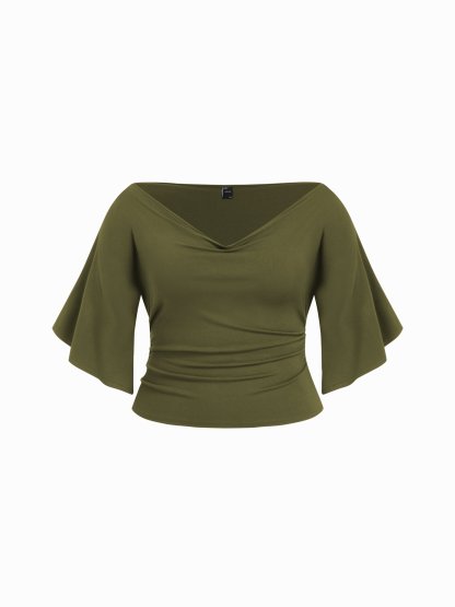 Boat Neck Mid-length Bell Sleeve Ruched Tee Curve & Plus