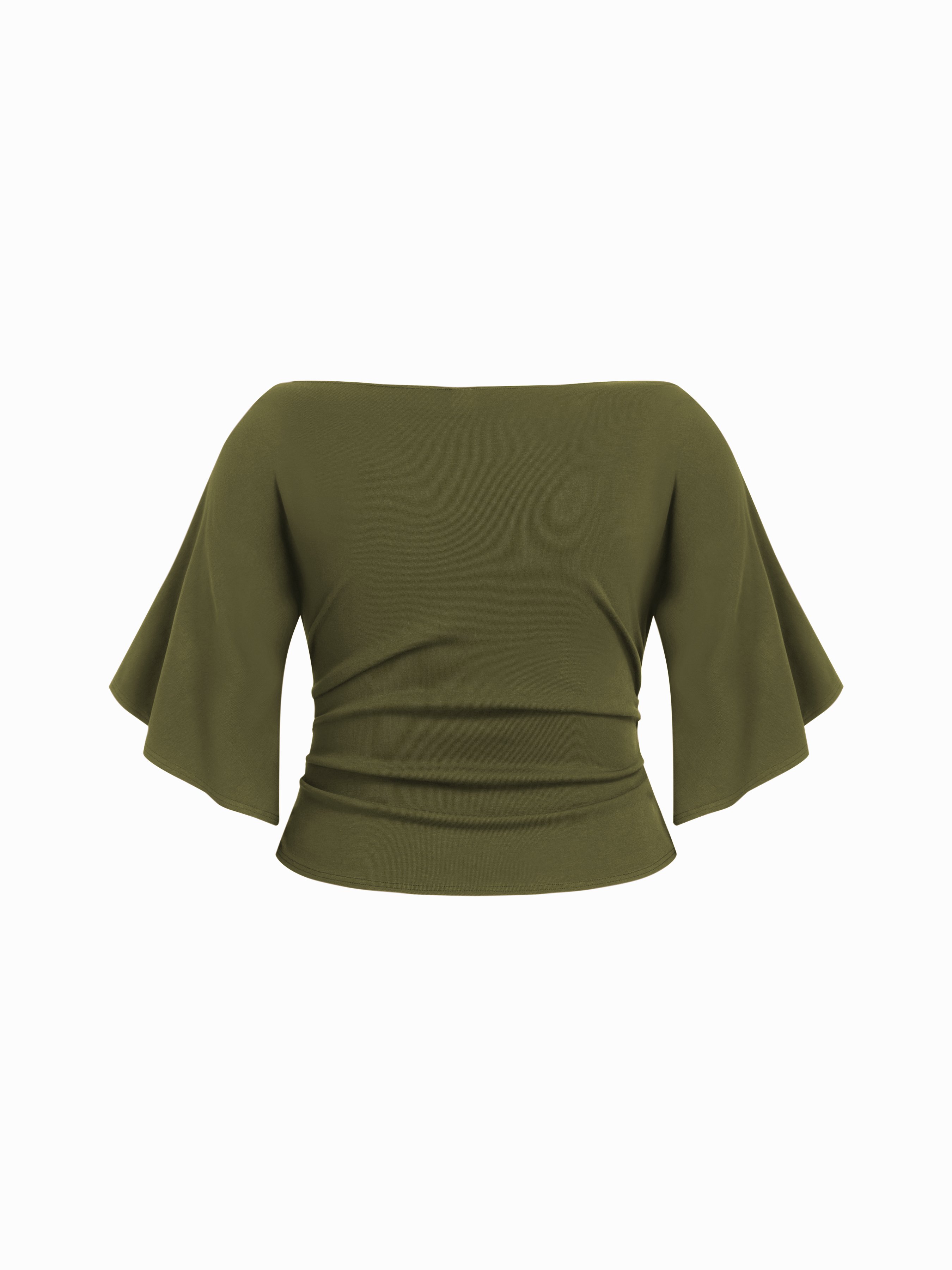 Boat Neck Mid-length Bell Sleeve Ruched Tee Curve & Plus