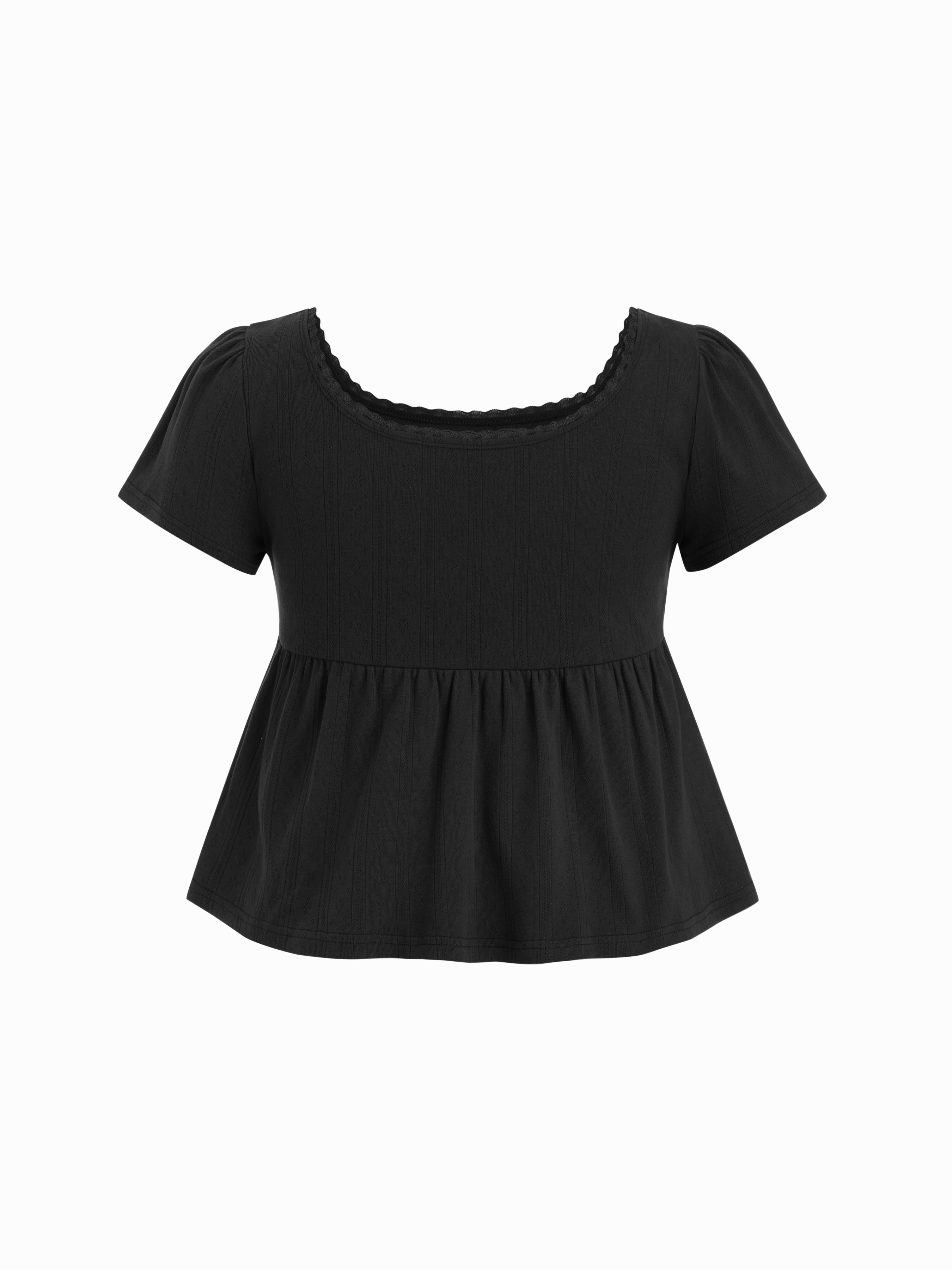 Cotton-blend Square Neck Babydoll Lace Trim Peplum Short Sleeve Top Curve & Plus