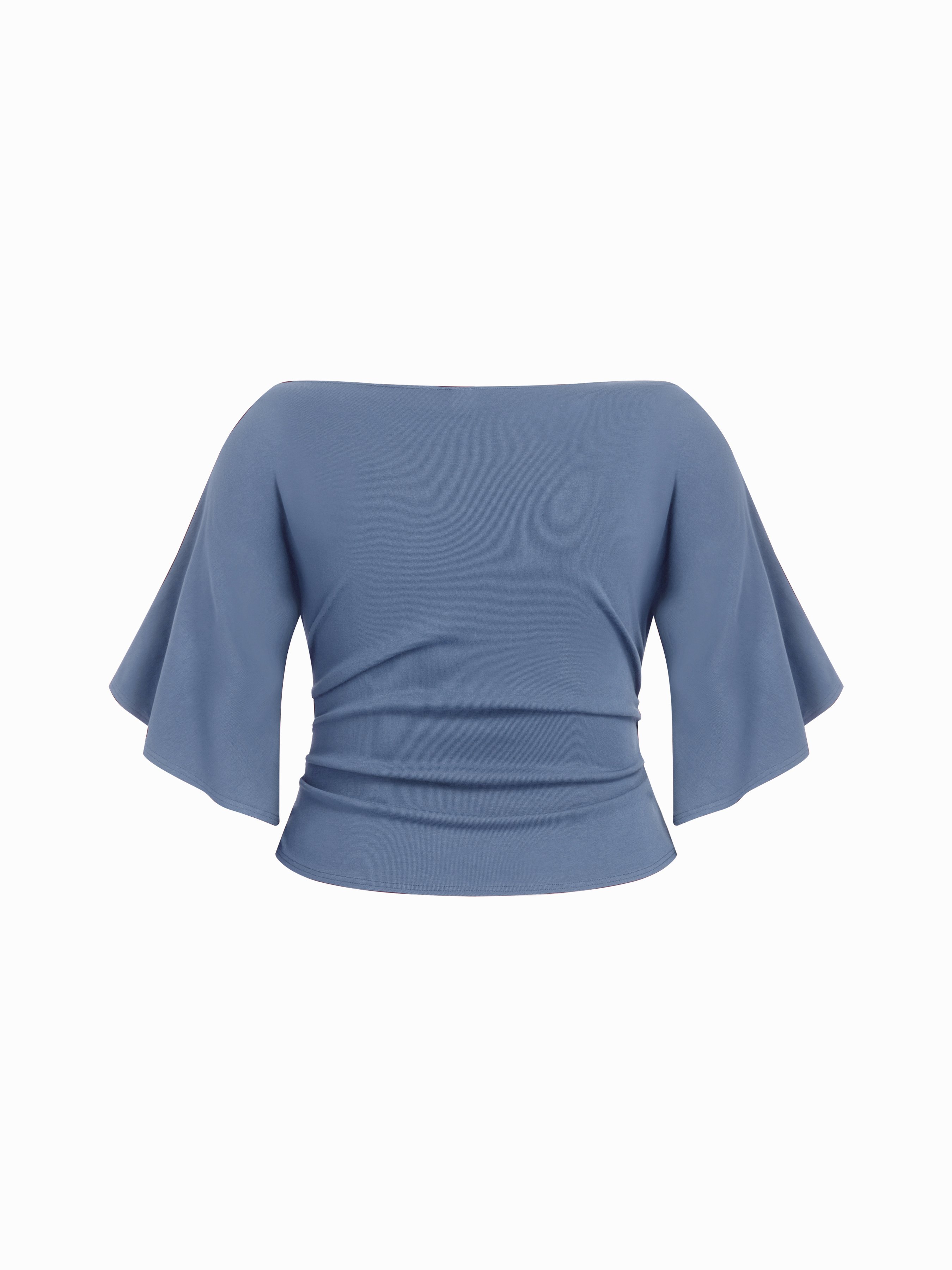 Boat Neck Mid-length Bell Sleeve Ruched Tee Curve & Plus