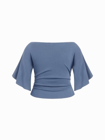 Boat Neck Mid-length Bell Sleeve Ruched Tee Curve & Plus