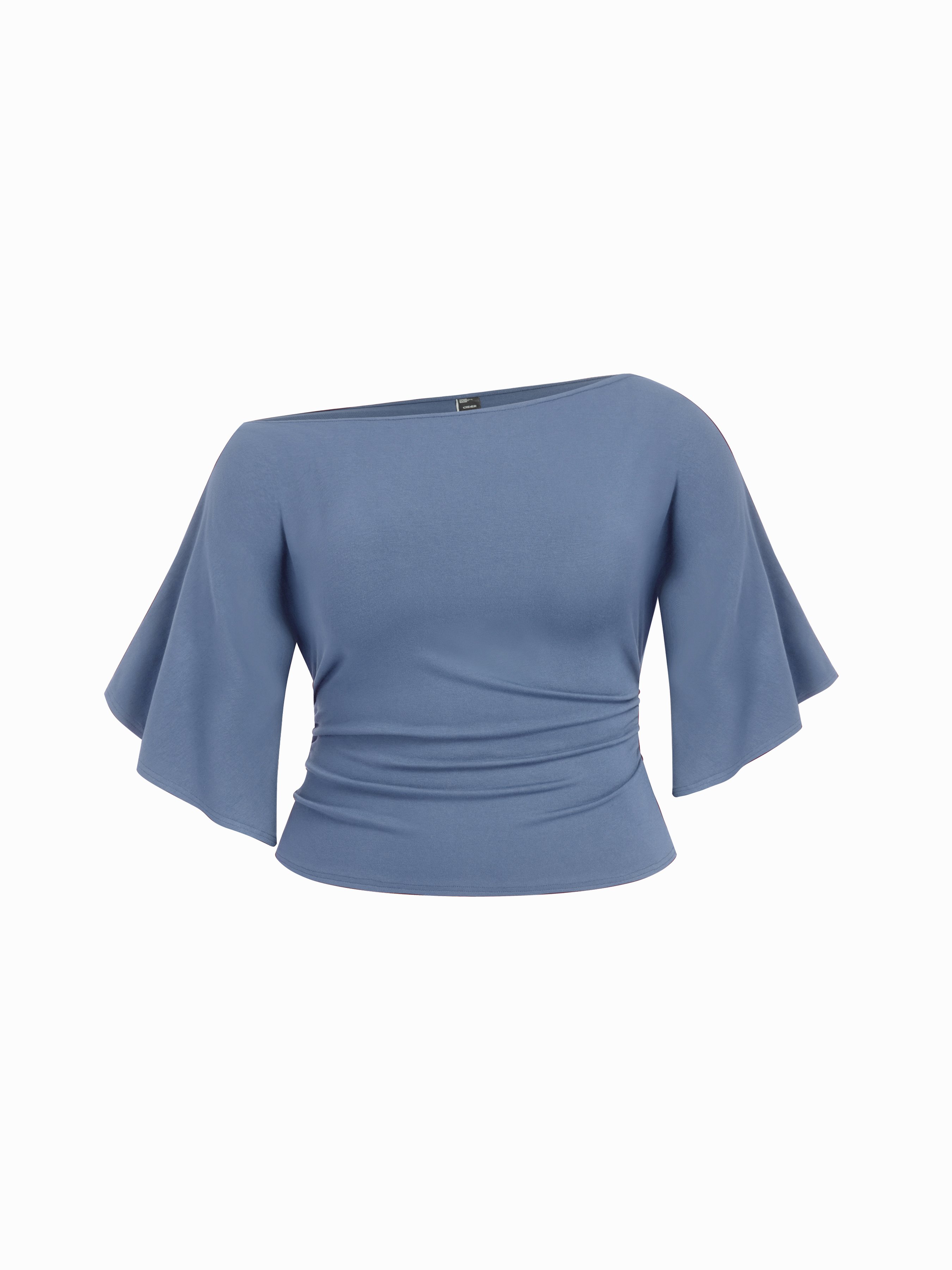 Boat Neck Mid-length Bell Sleeve Ruched Tee Curve & Plus