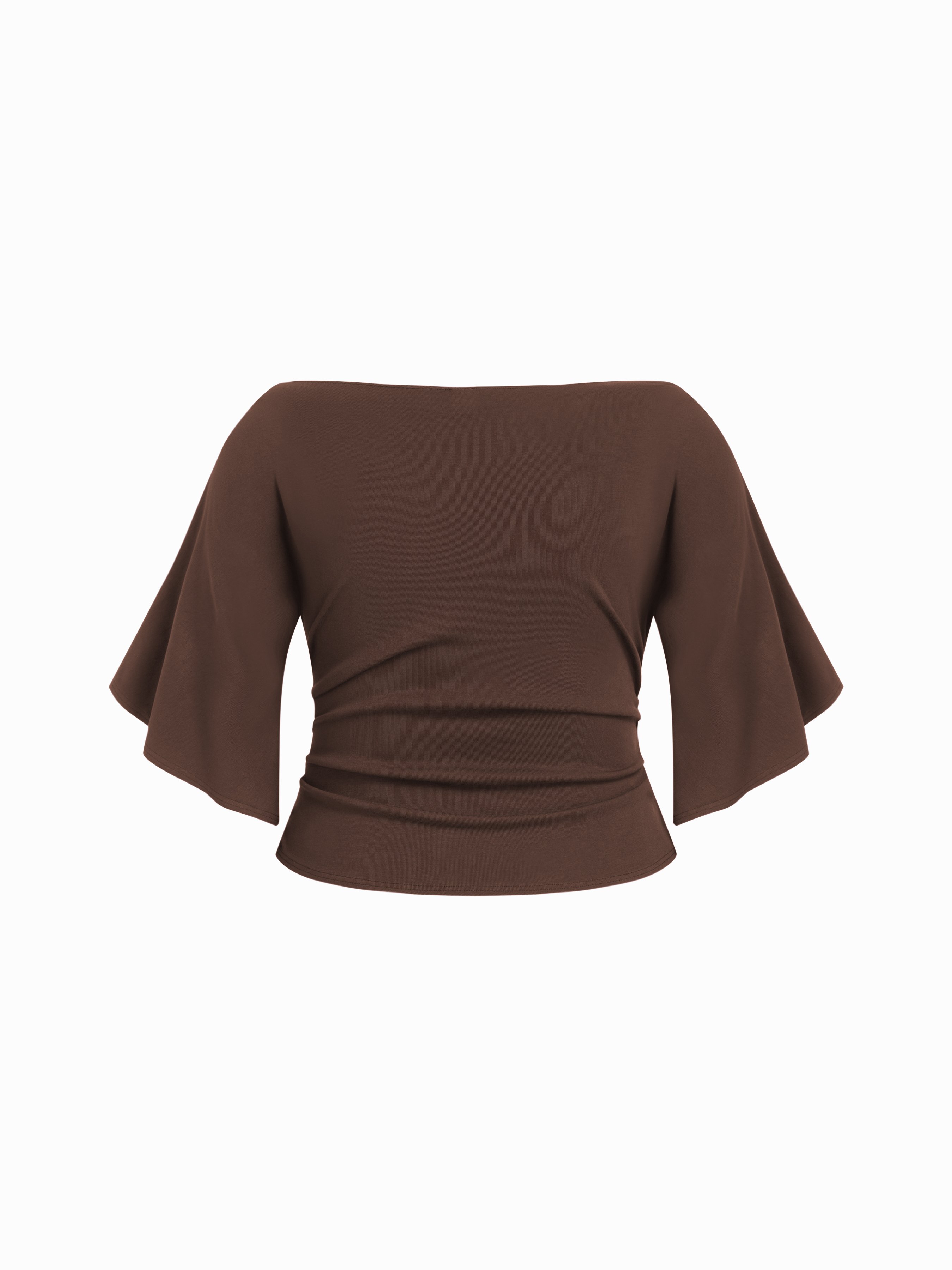 Boat Neck Mid-length Bell Sleeve Ruched Tee Curve & Plus