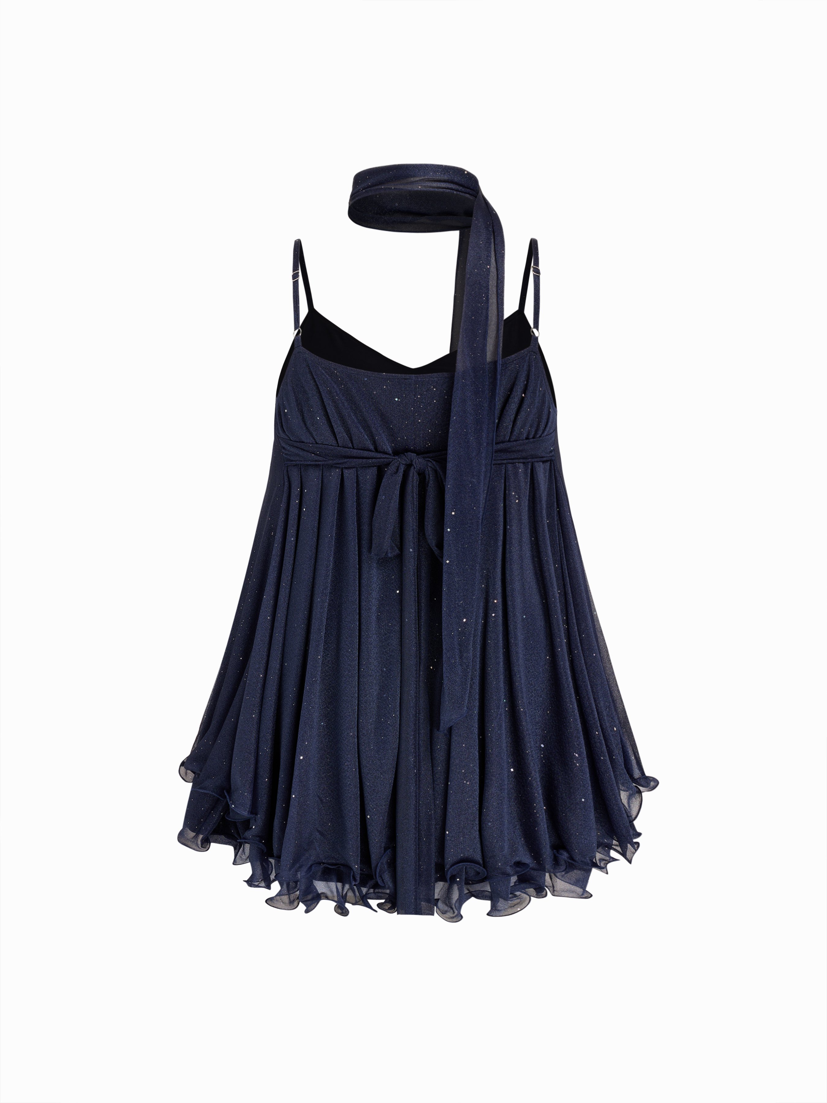 Sequin V-Neck Halter Ruffled Hem Oversized Mini Dress With Scarf Curve & Plus