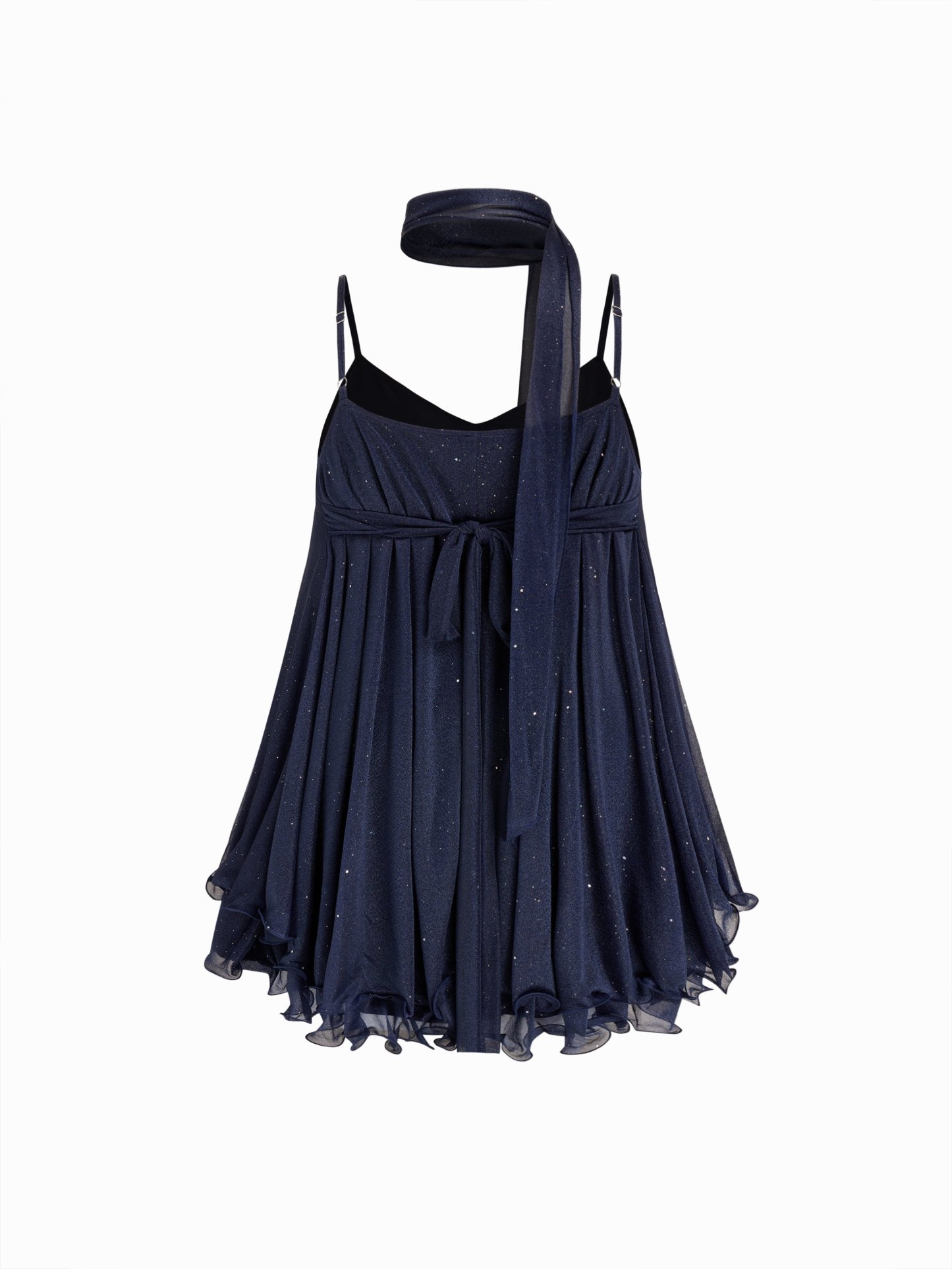 Sequin V-Neck Halter Ruffled Hem Oversized Mini Dress With Scarf Curve & Plus