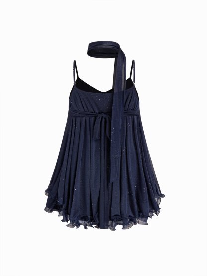Sequin V-Neck Halter Ruffled Hem Oversized Mini Dress With Scarf Curve & Plus