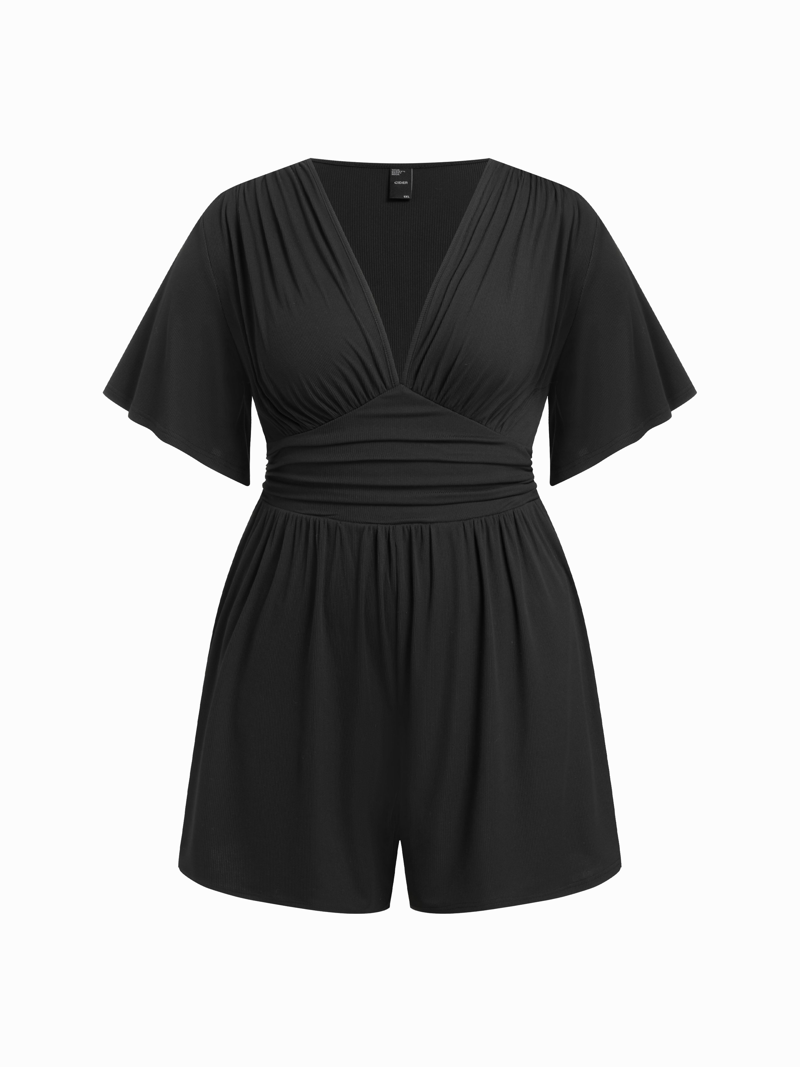 Textured V-neck Batwing Sleeve Draped Mid Rise Romper Curve & Plus