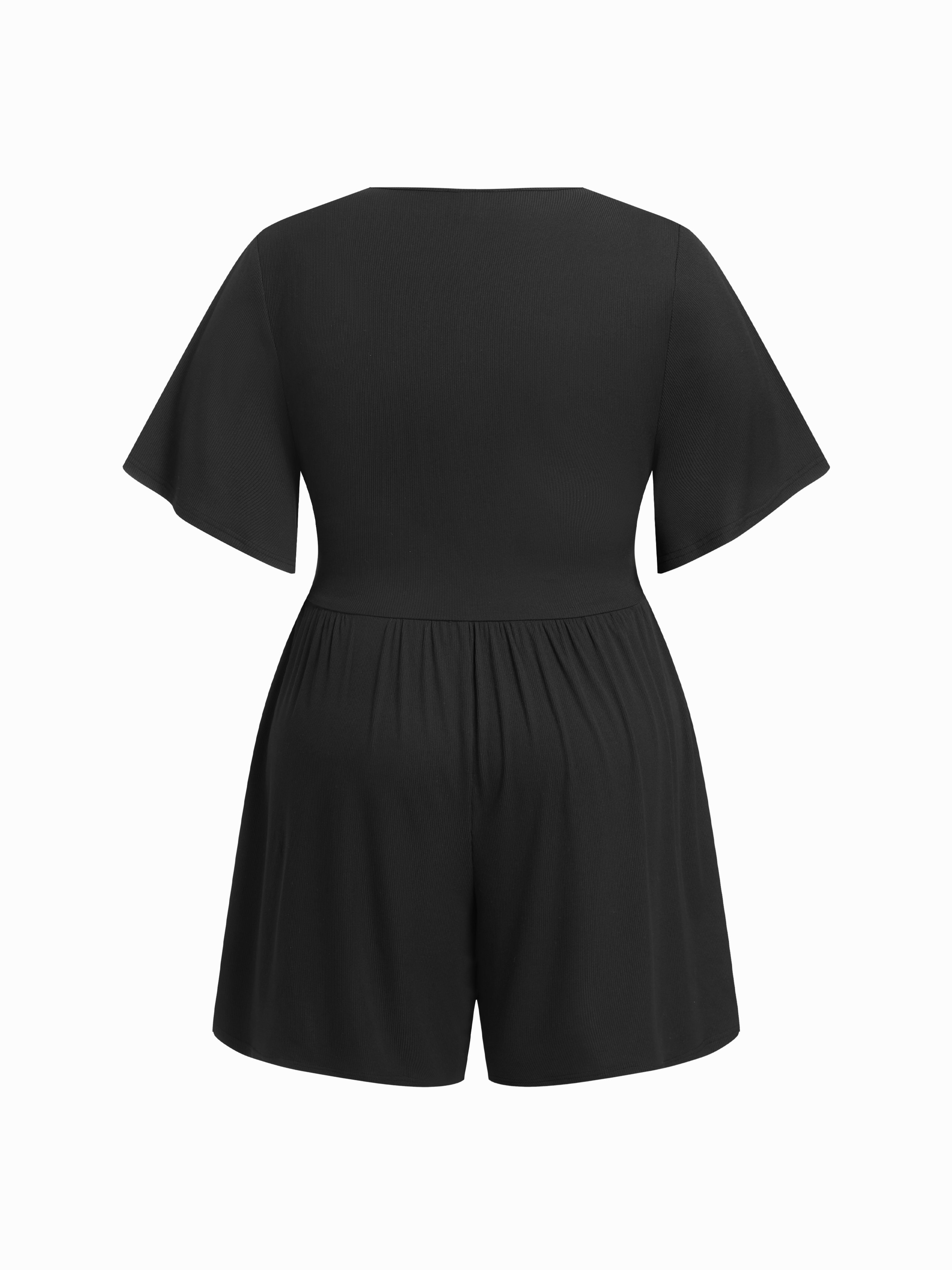 Textured V-neck Batwing Sleeve Draped Mid Rise Romper Curve & Plus