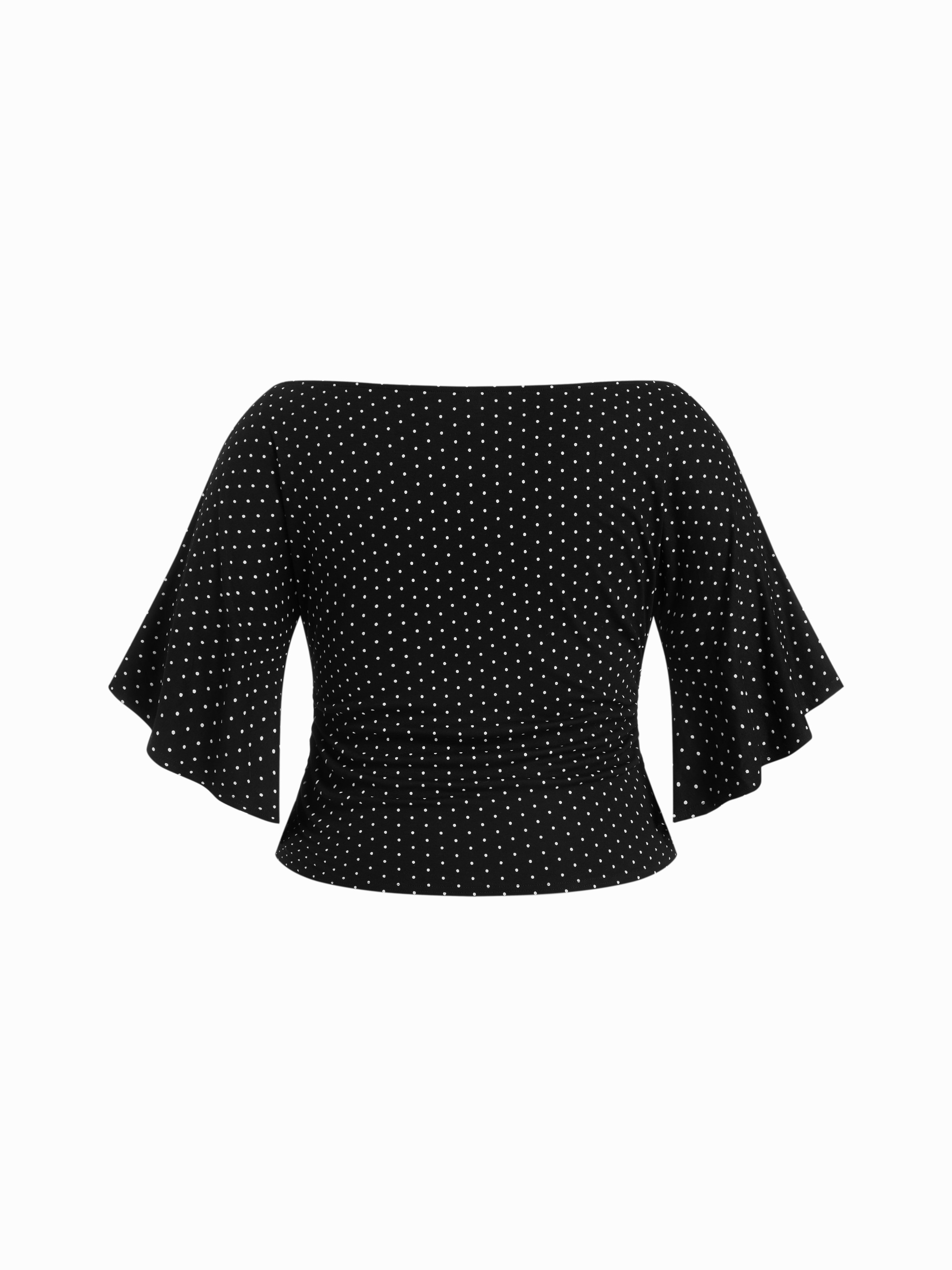 Boat Neck Mid-length Bell Sleeve Ruched Tee Curve & Plus