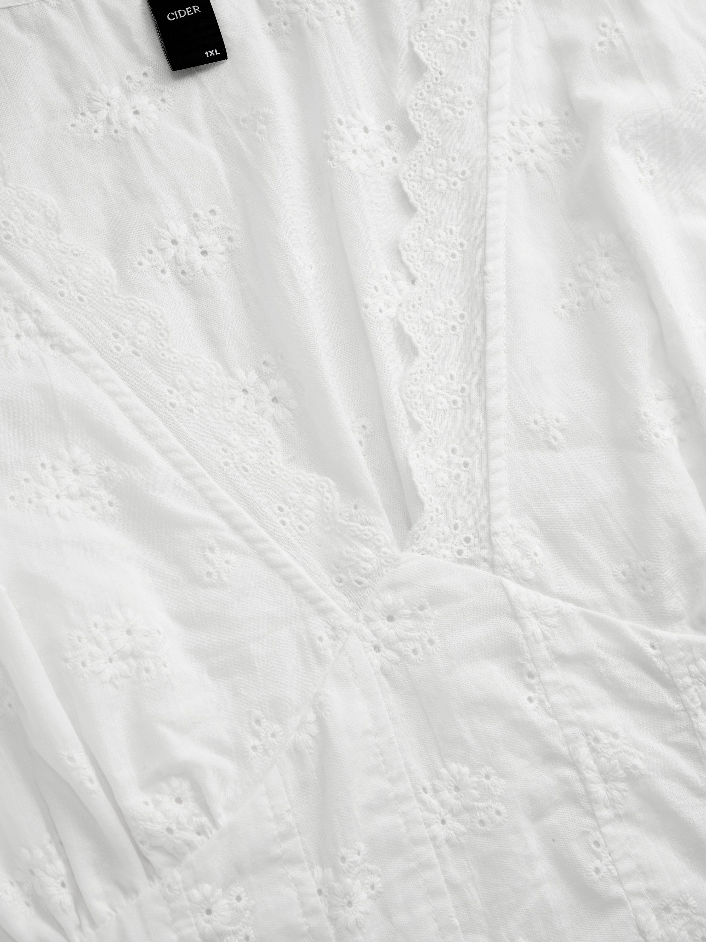 Cotton V-neck Broderie Anglaise Pleated Shirred Short Sleeve Blouse Curve & Plus