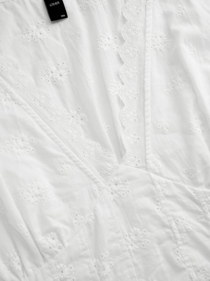 Cotton V-neck Broderie Anglaise Pleated Shirred Short Sleeve Blouse Curve & Plus