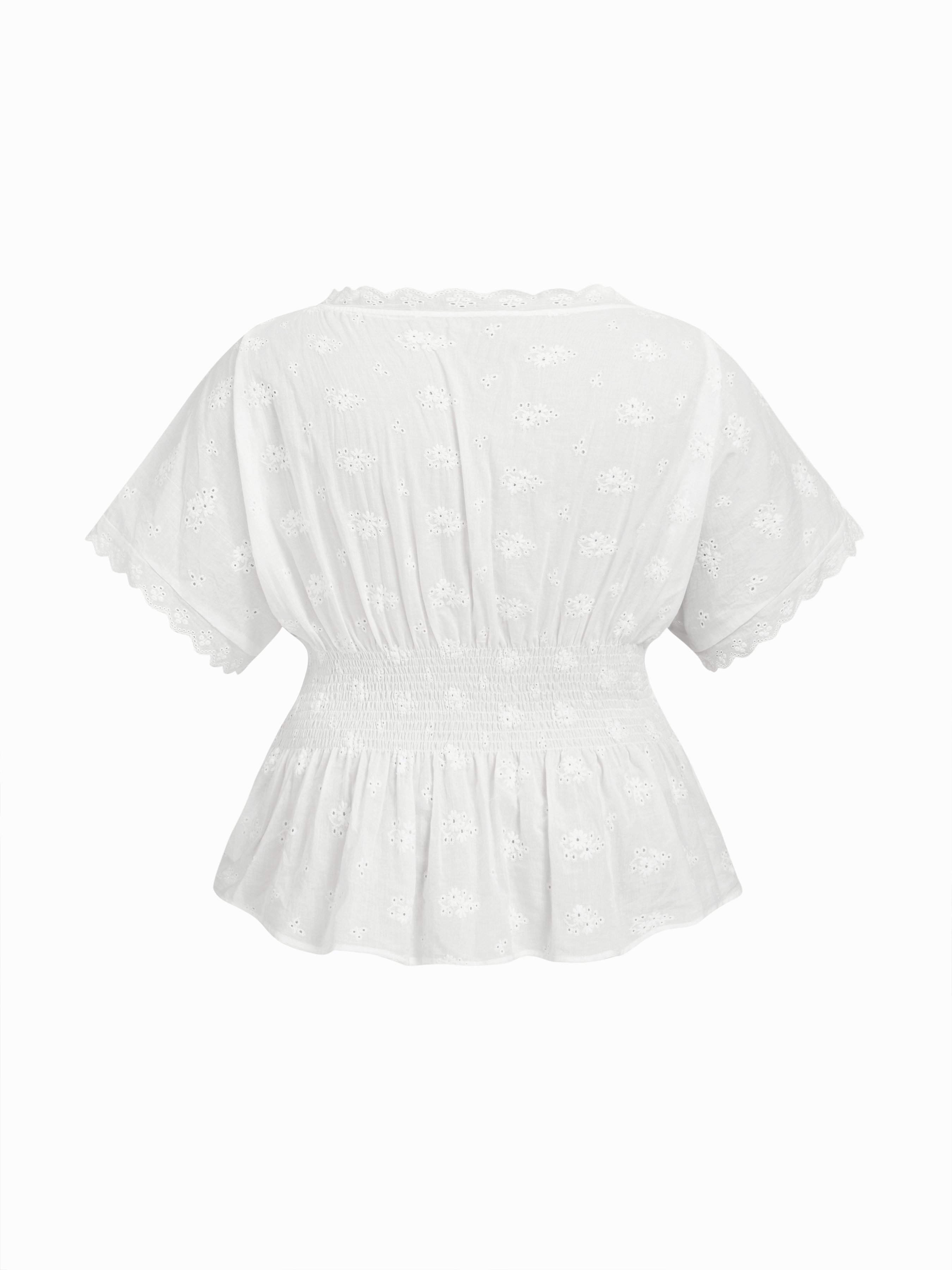 Cotton V-neck Broderie Anglaise Pleated Shirred Short Sleeve Blouse Curve & Plus