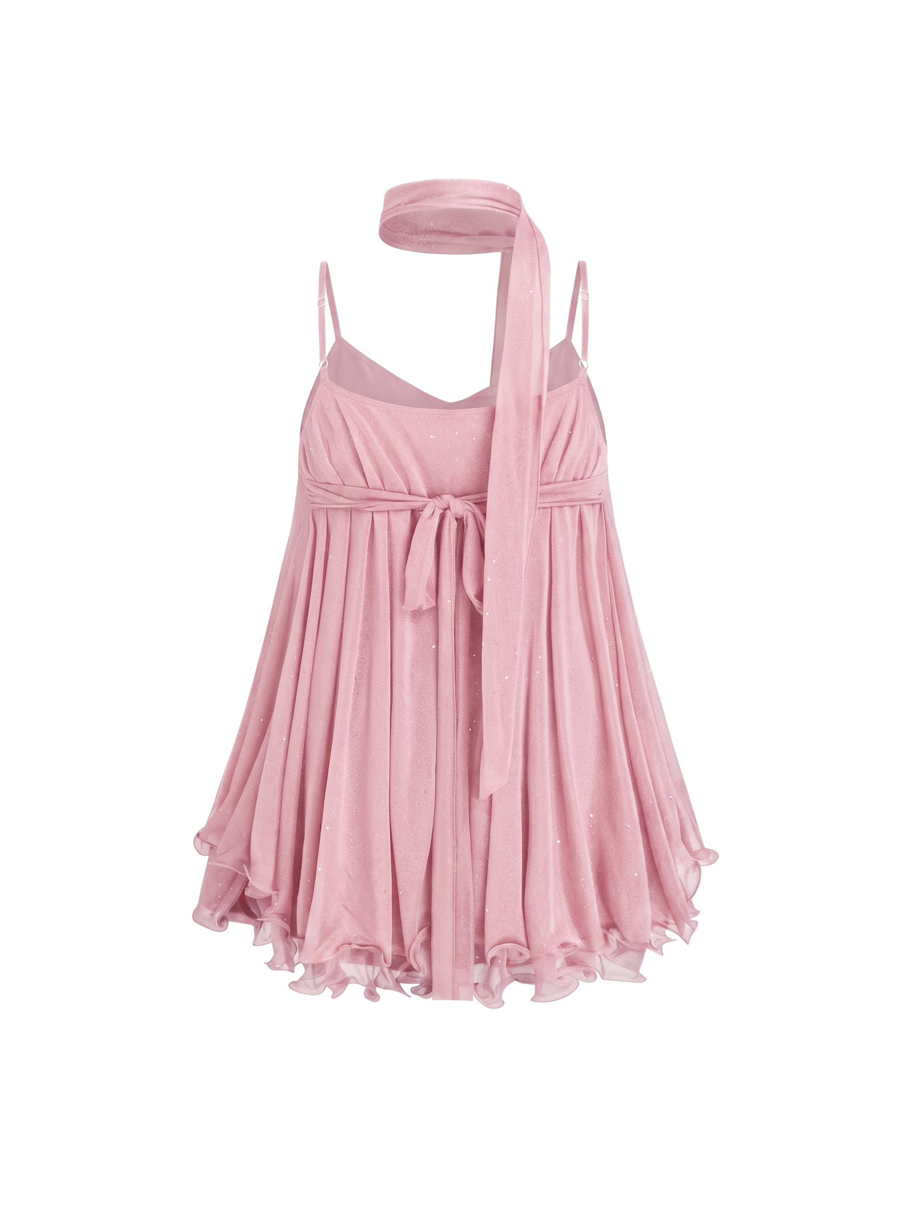 Sequin V-Neck Halter Ruffled Hem Oversized Mini Dress With Scarf Curve & Plus