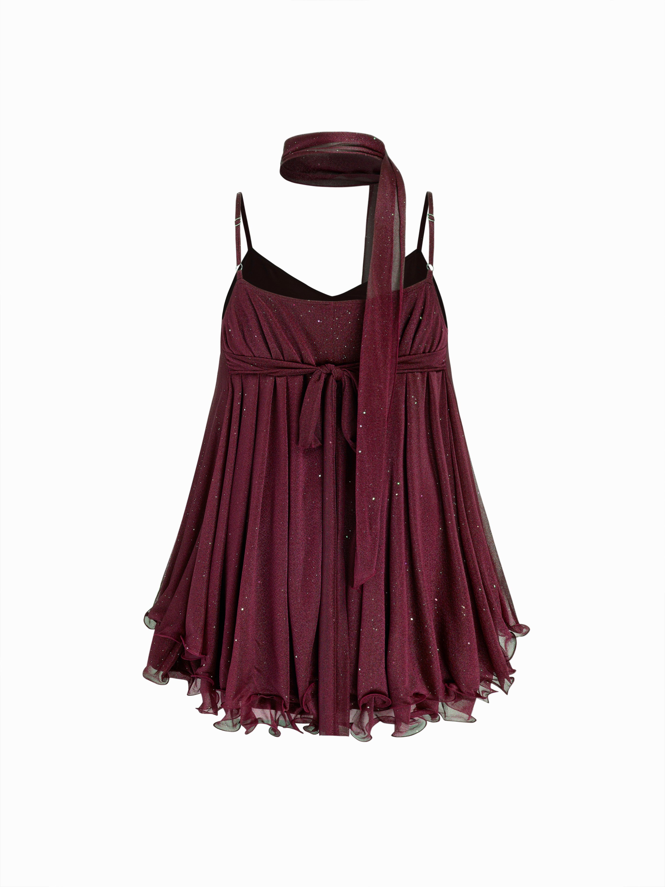Sequin V-Neck Halter Ruffled Hem Oversized Mini Dress With Scarf Curve & Plus