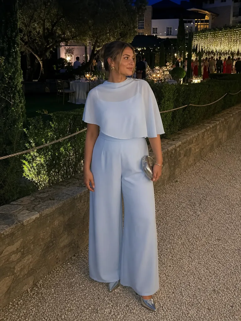 Stand Collar Asymmetrical Cloak Sleeve Mid Rise Wide Leg Jumpsuit Curve & Plus